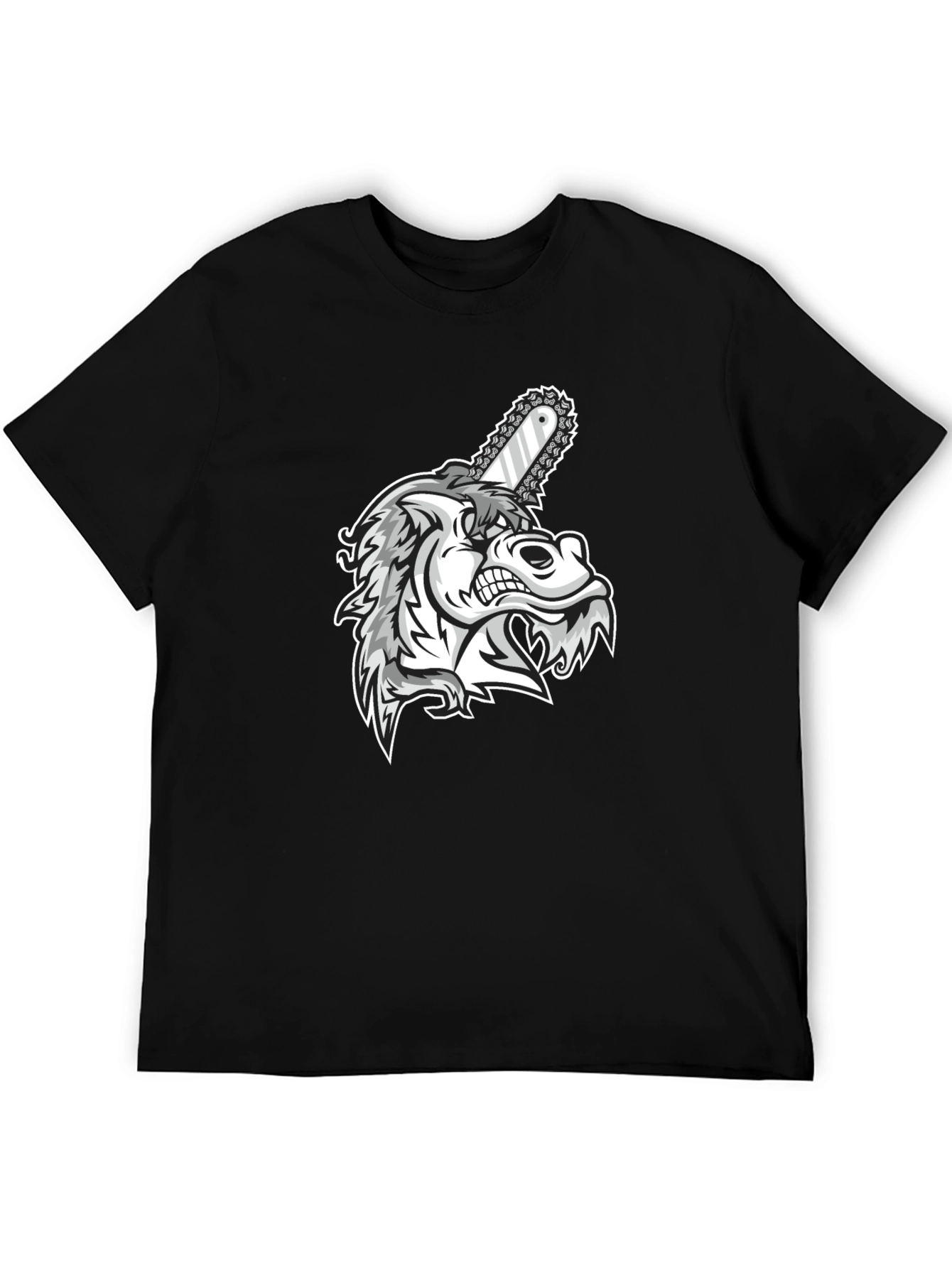 Mens Black Graphic Tee - Wolf with Chainsaw