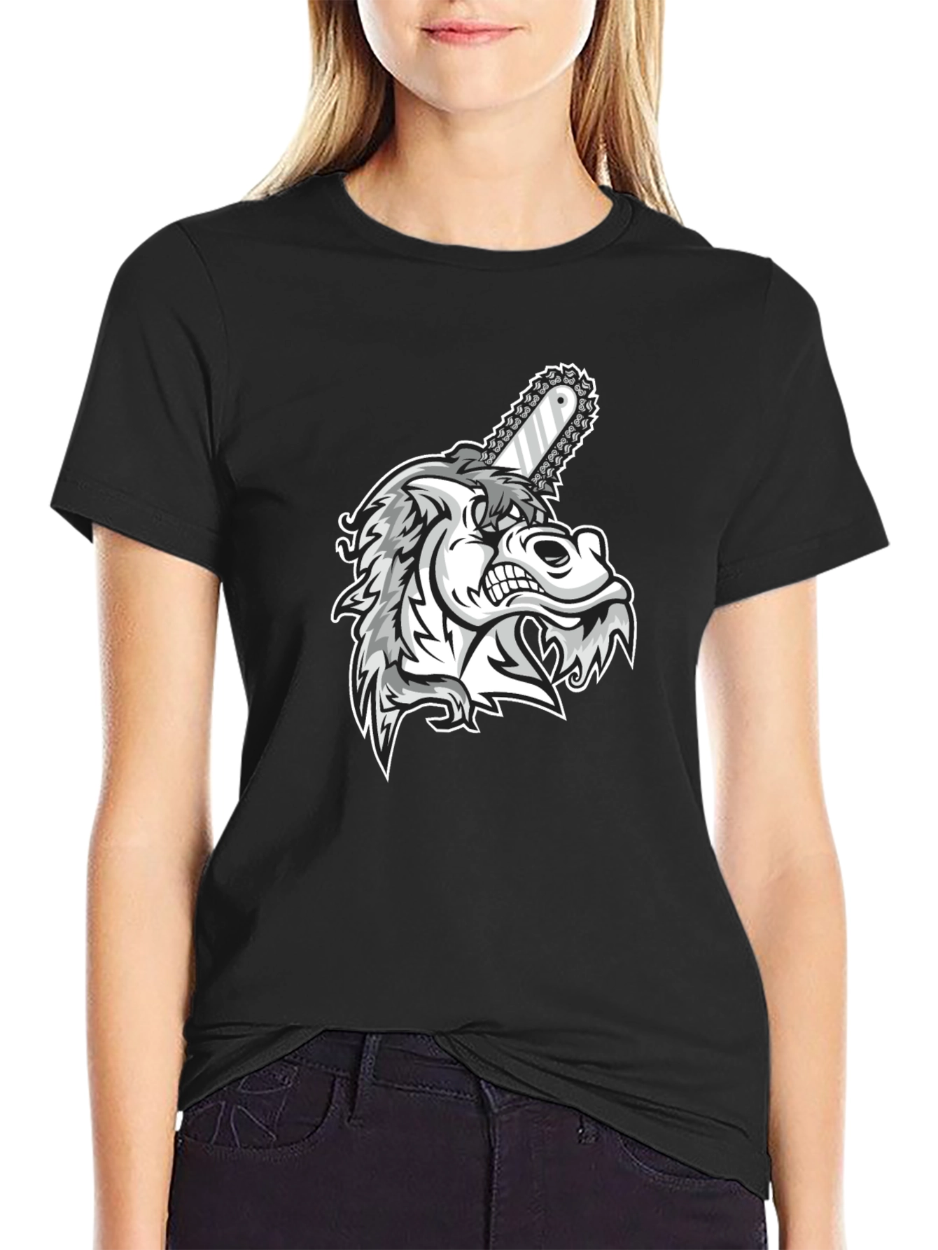 Mens Black Graphic Tee - Wolf with Chainsaw