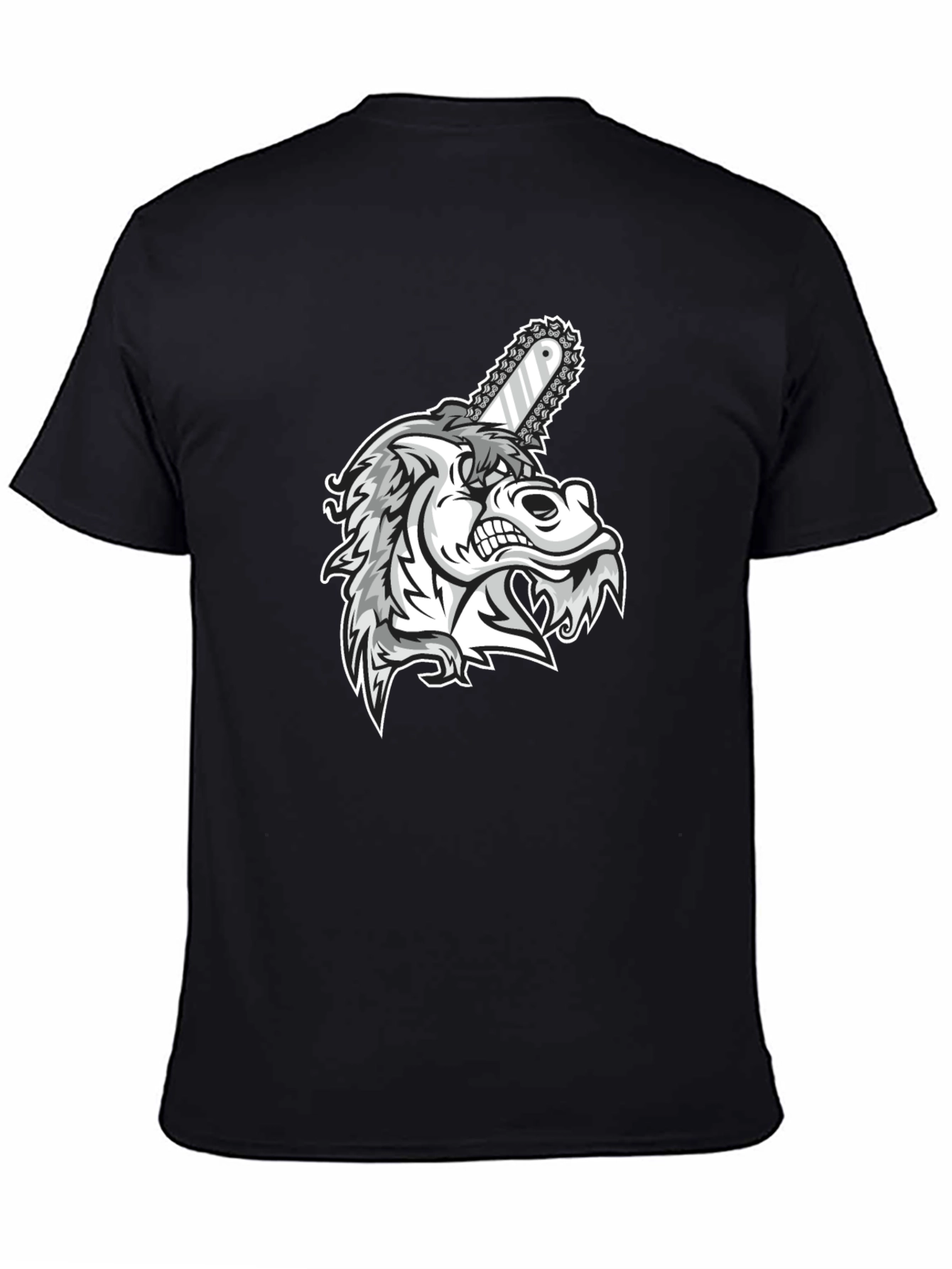 Mens Black Graphic Tee - Wolf with Chainsaw