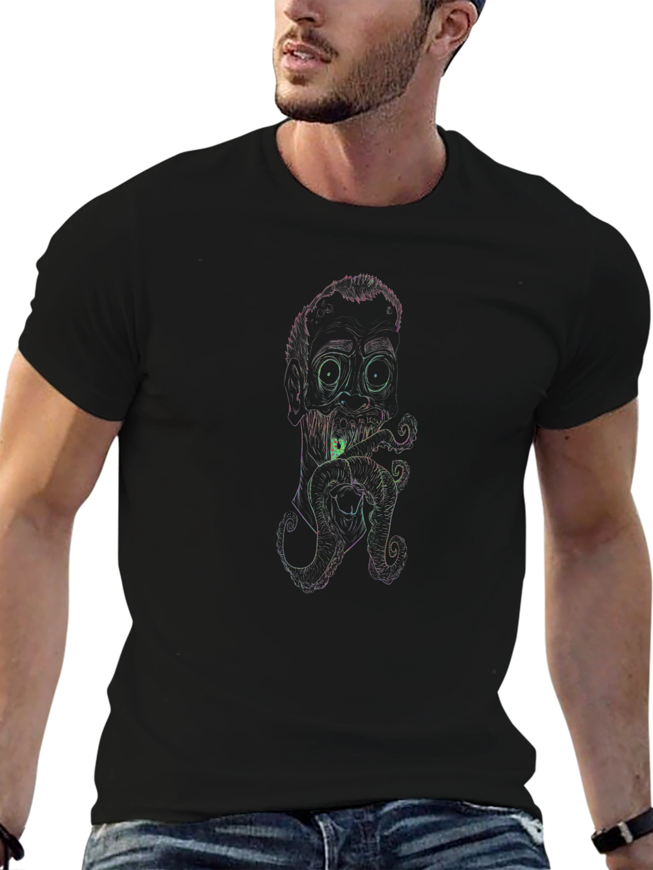 Neon Line Art Octopus Man Black T-Shirt
