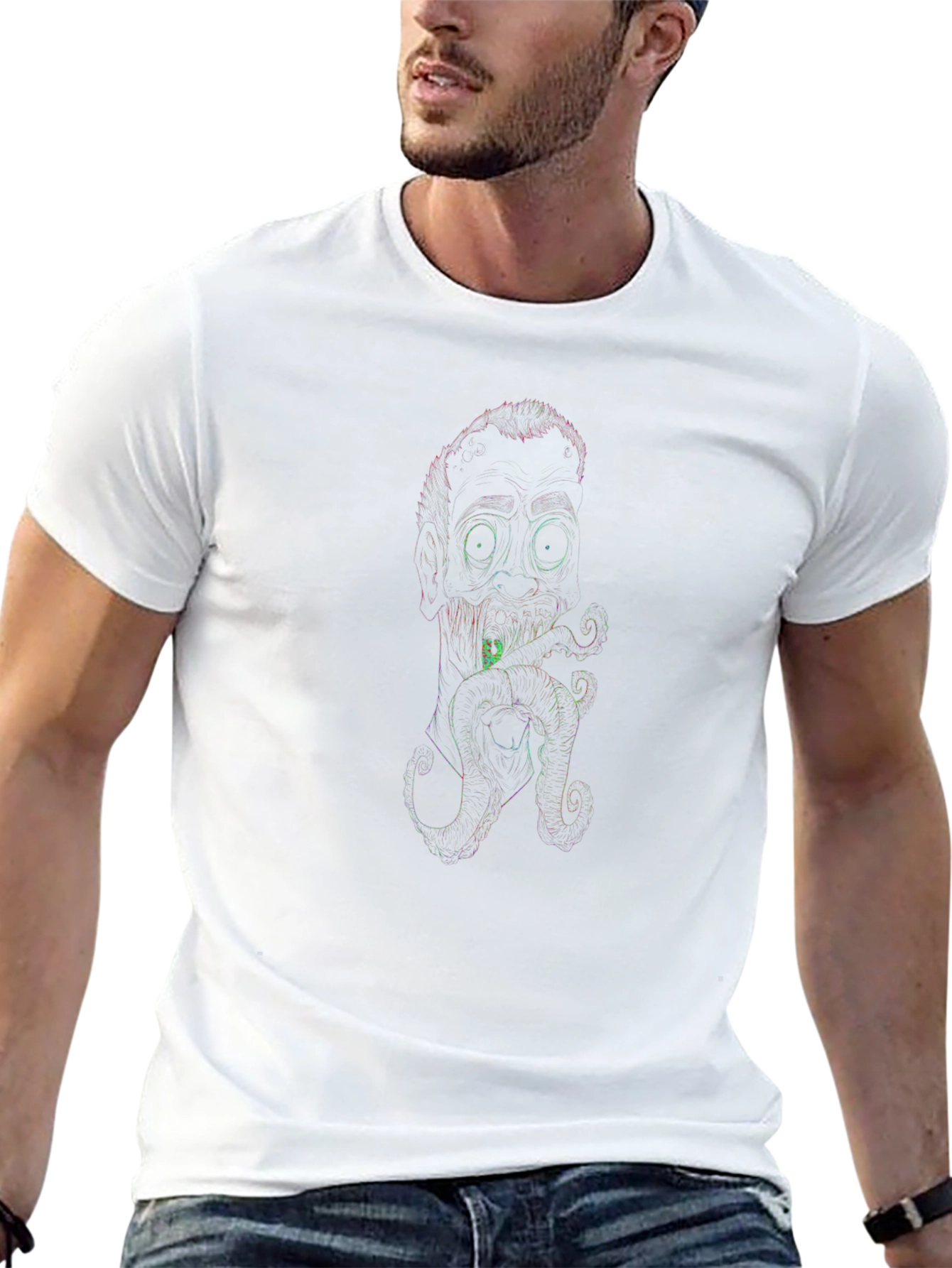 Neon Line Art Octopus Man Black T-Shirt