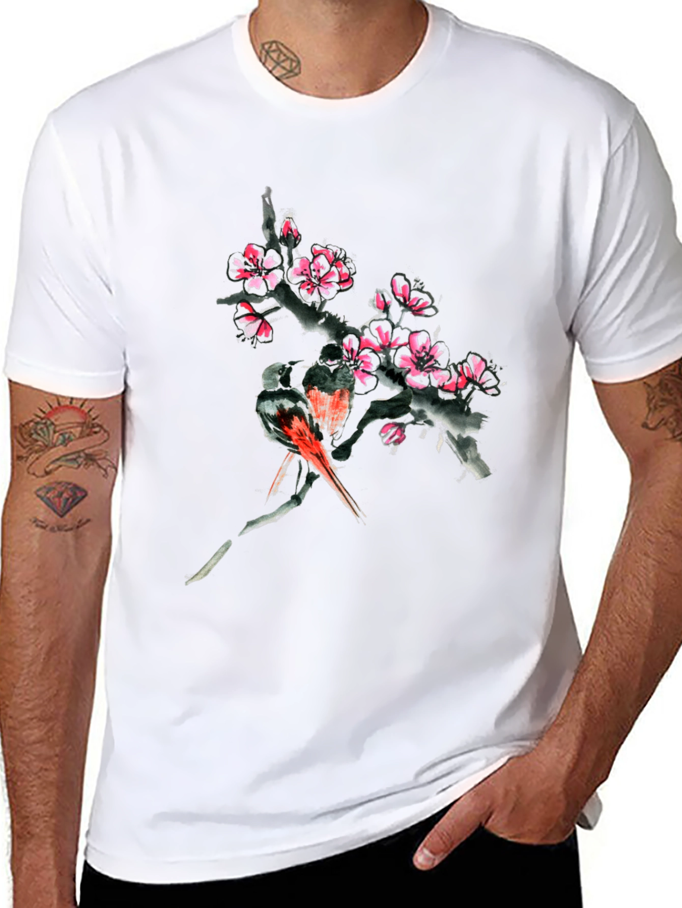 Floral Bird Print Black T-Shirt