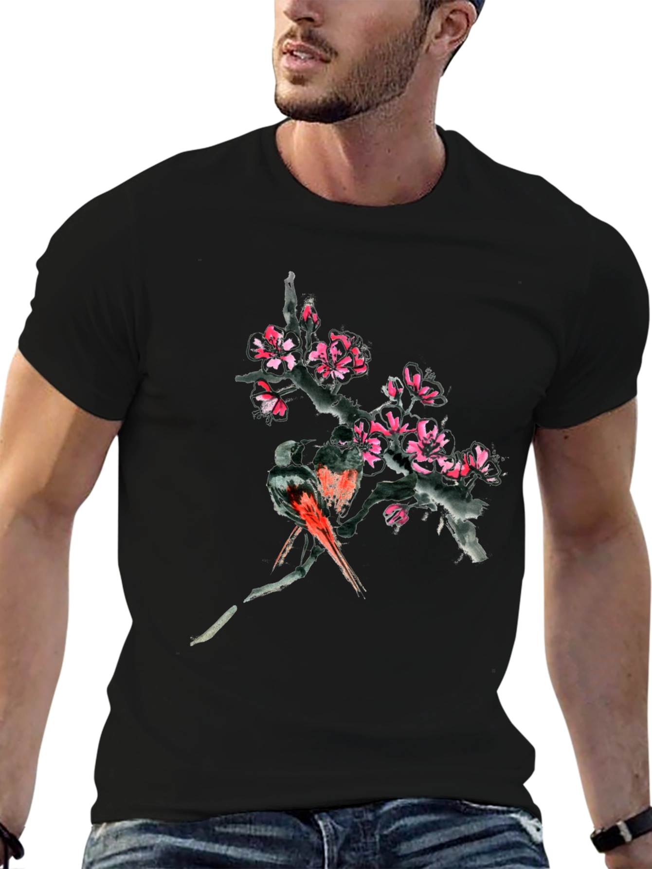 Floral Bird Print Black T-Shirt