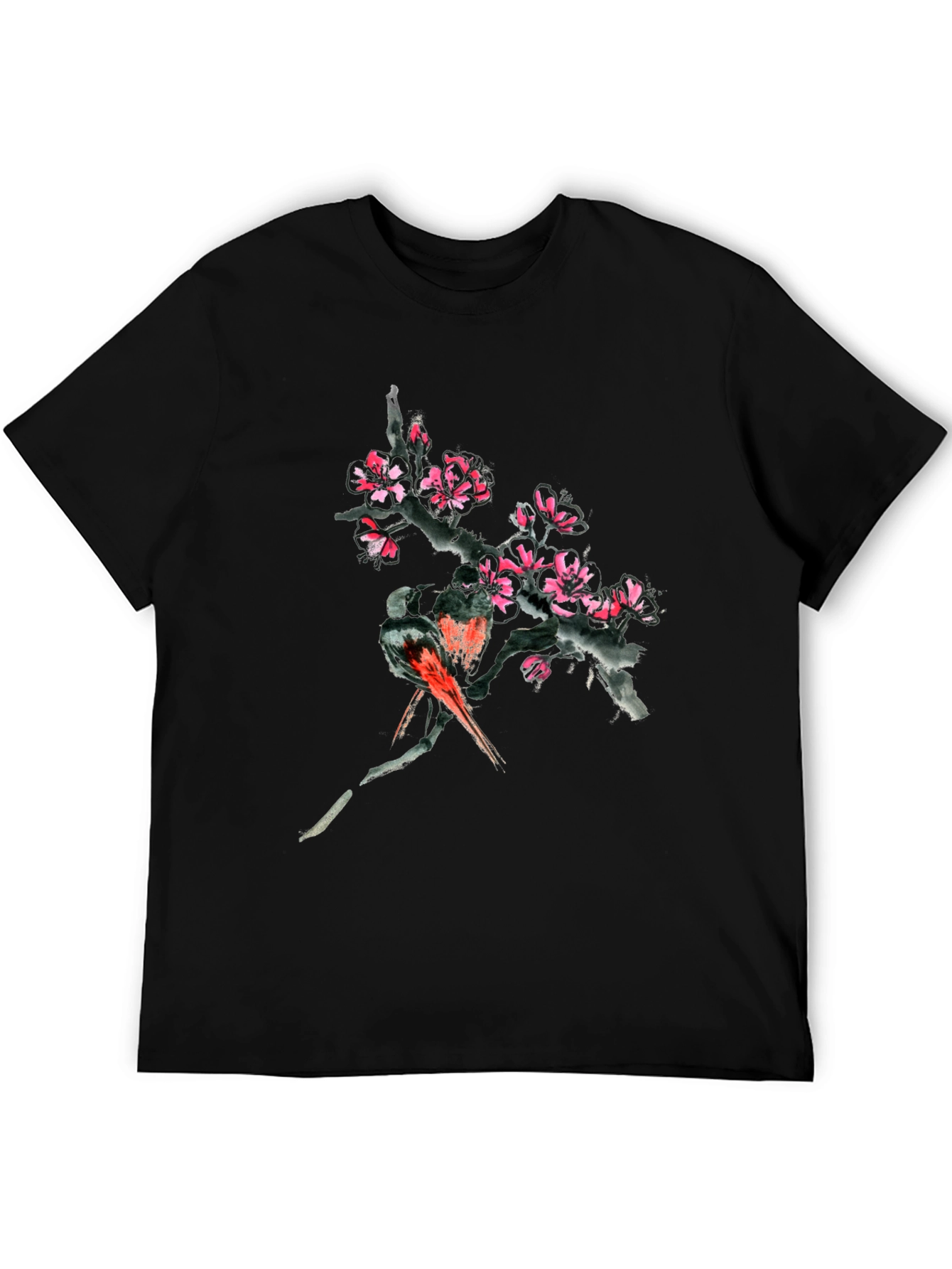Floral Bird Print Black T-Shirt