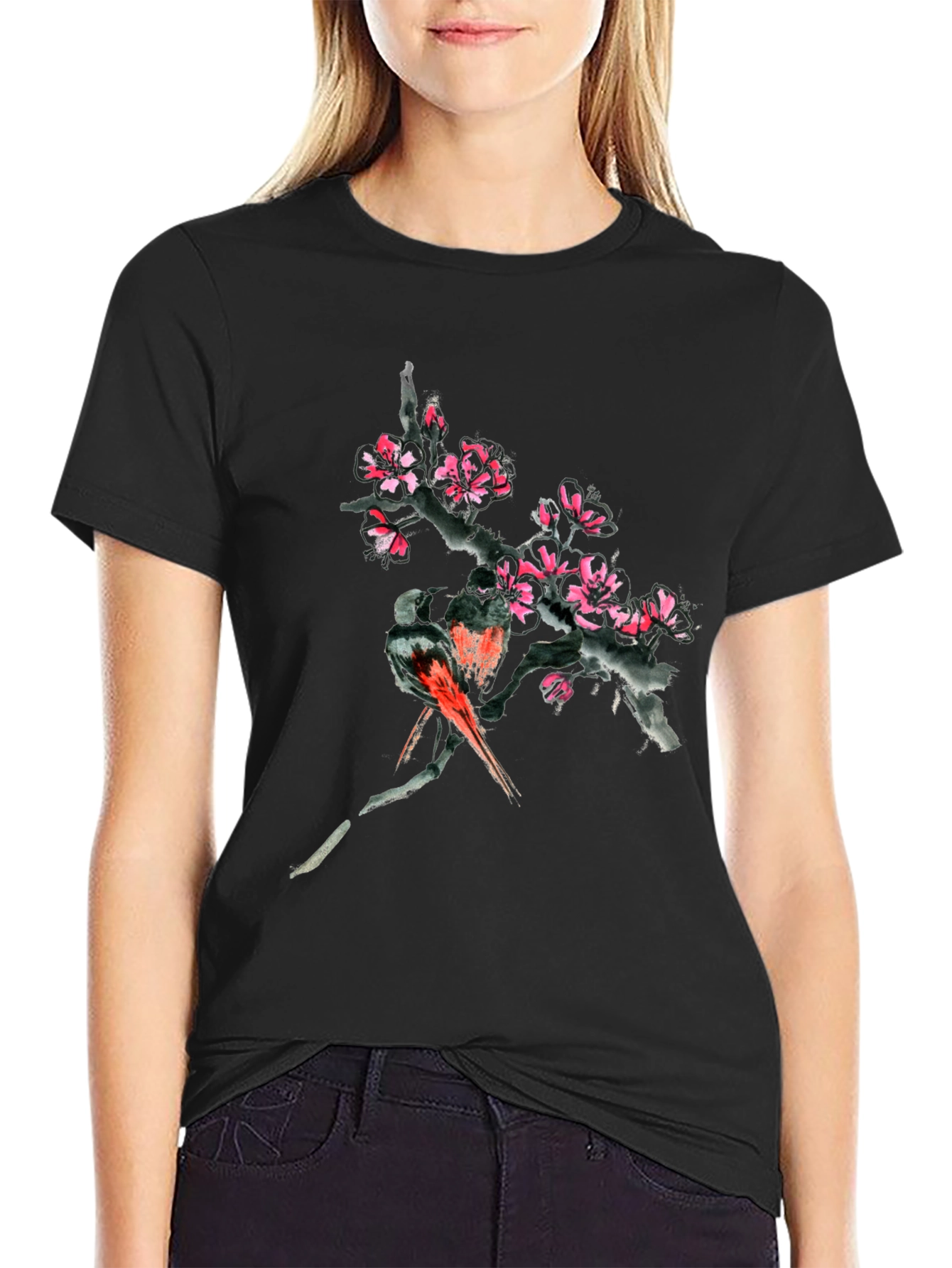 Floral Bird Print Black T-Shirt