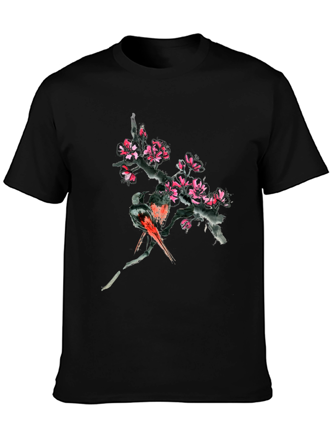 Floral Bird Print Black T-Shirt