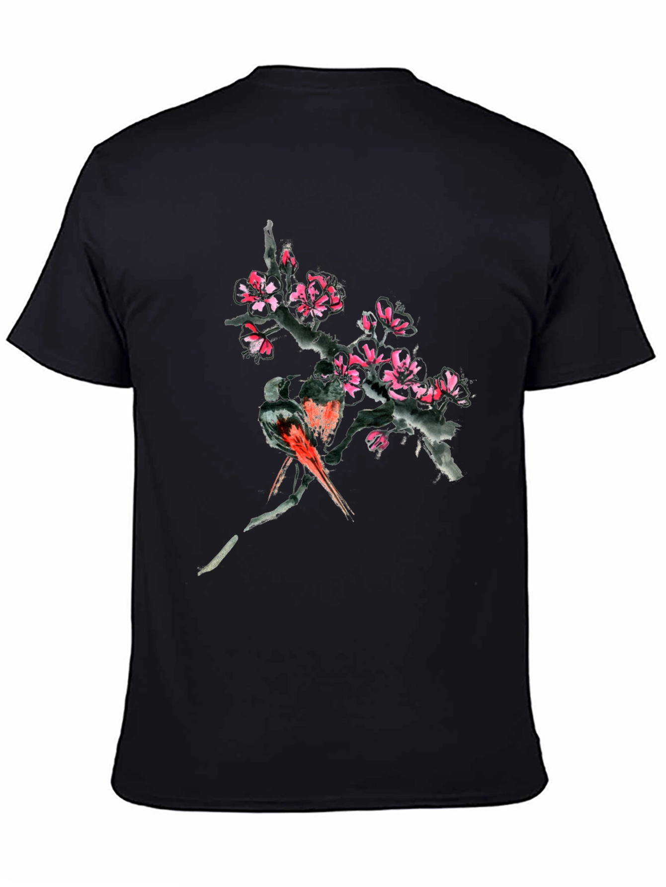 Floral Bird Print Black T-Shirt