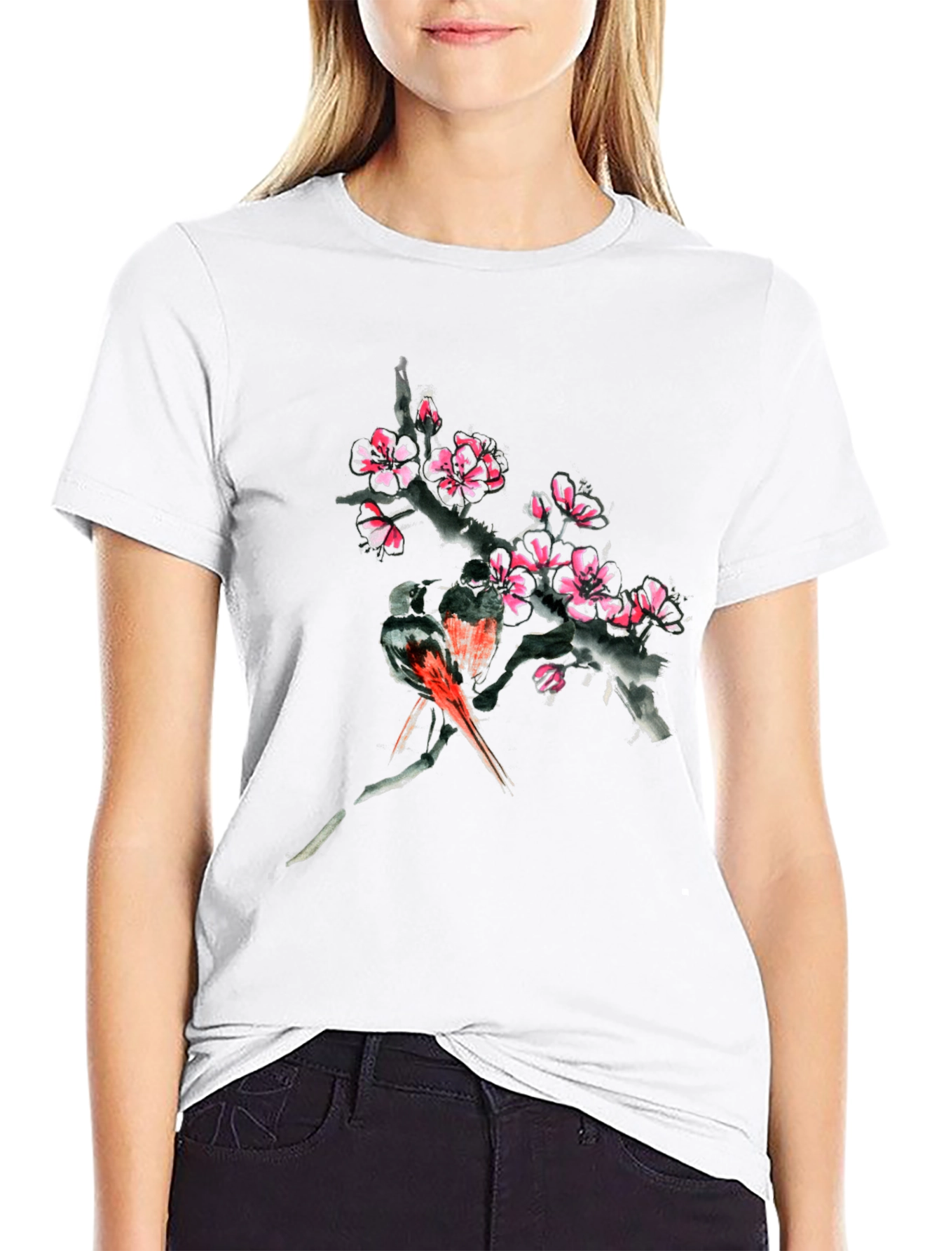 Floral Bird Print Black T-Shirt