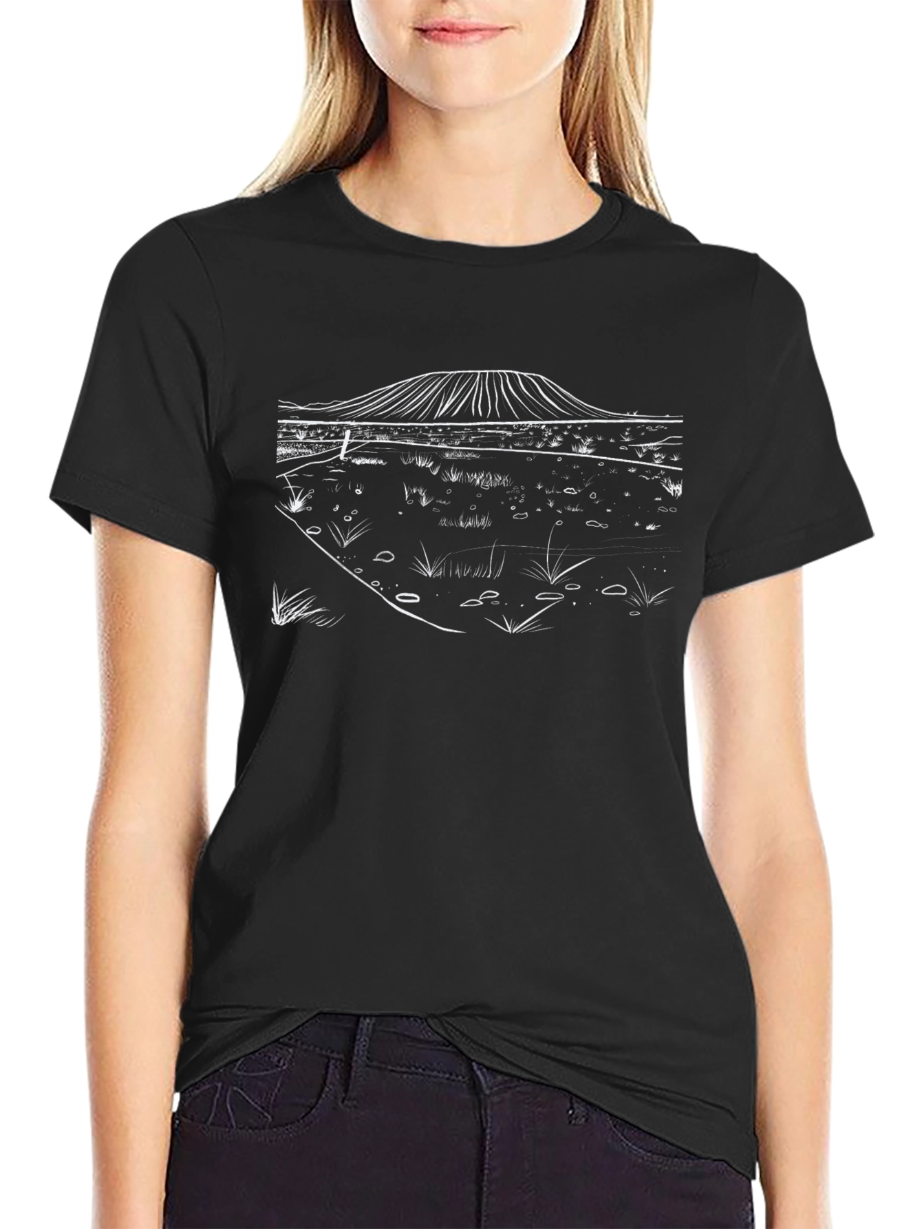 Black T-Shirt with Minimalist Landscape Design