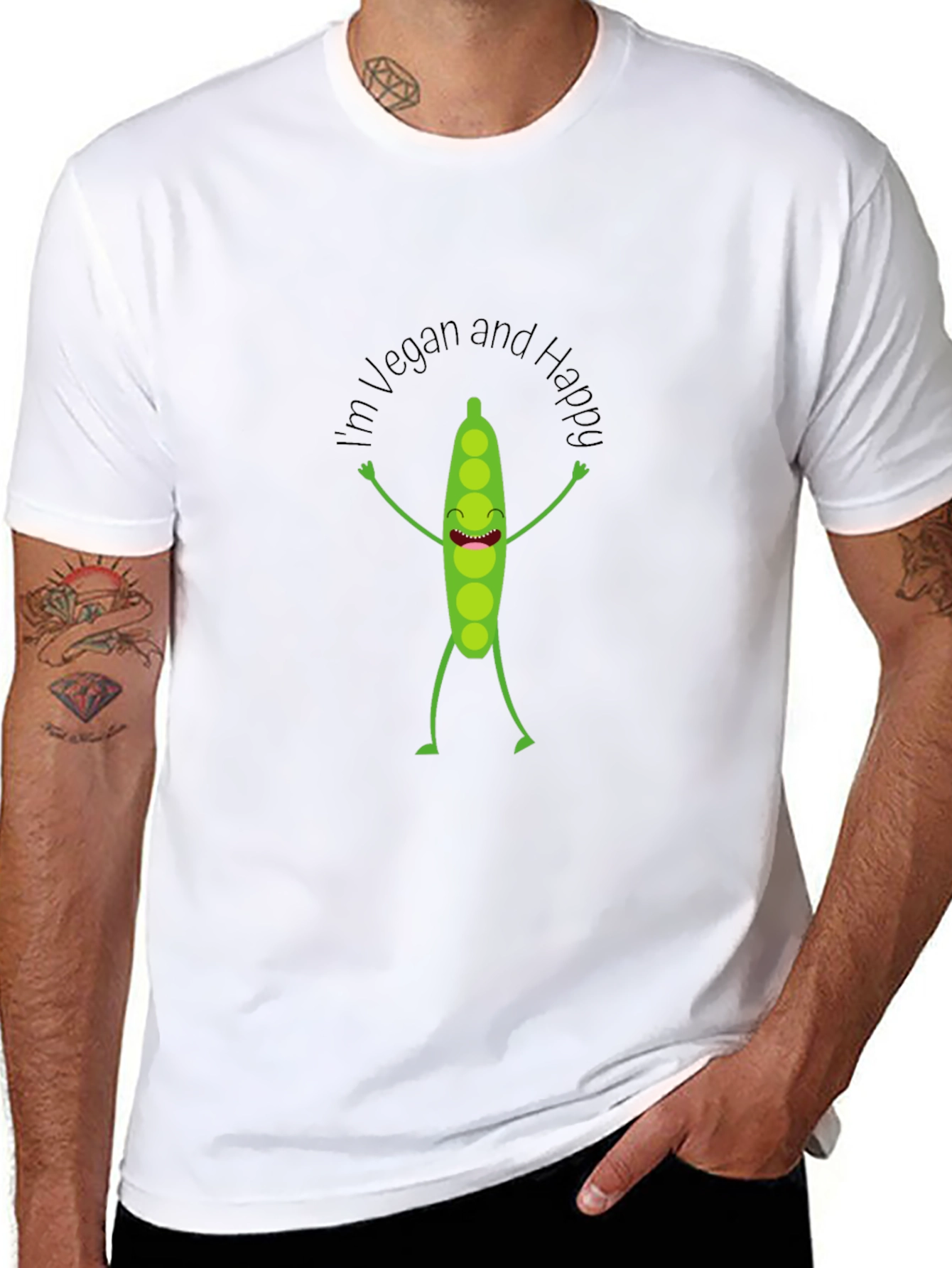 Vegan & Happy Cartoon Pea T-Shirt