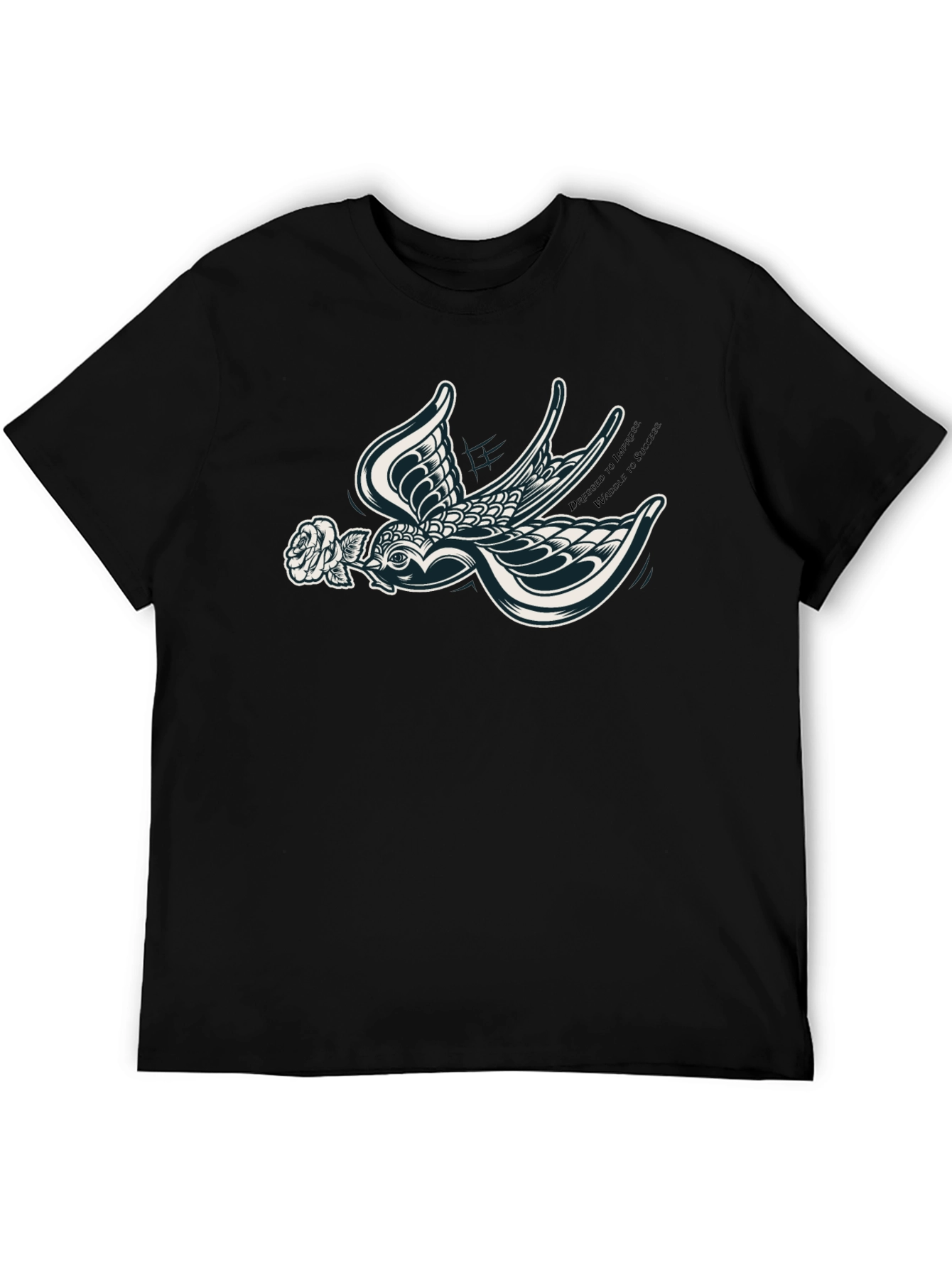 Stylish Black T-Shirt with Swallow and Rose Design