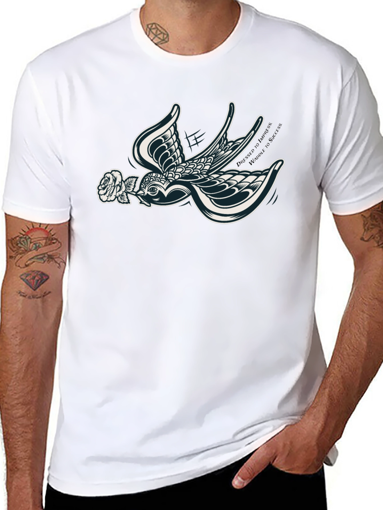 Stylish Black T-Shirt with Swallow and Rose Design