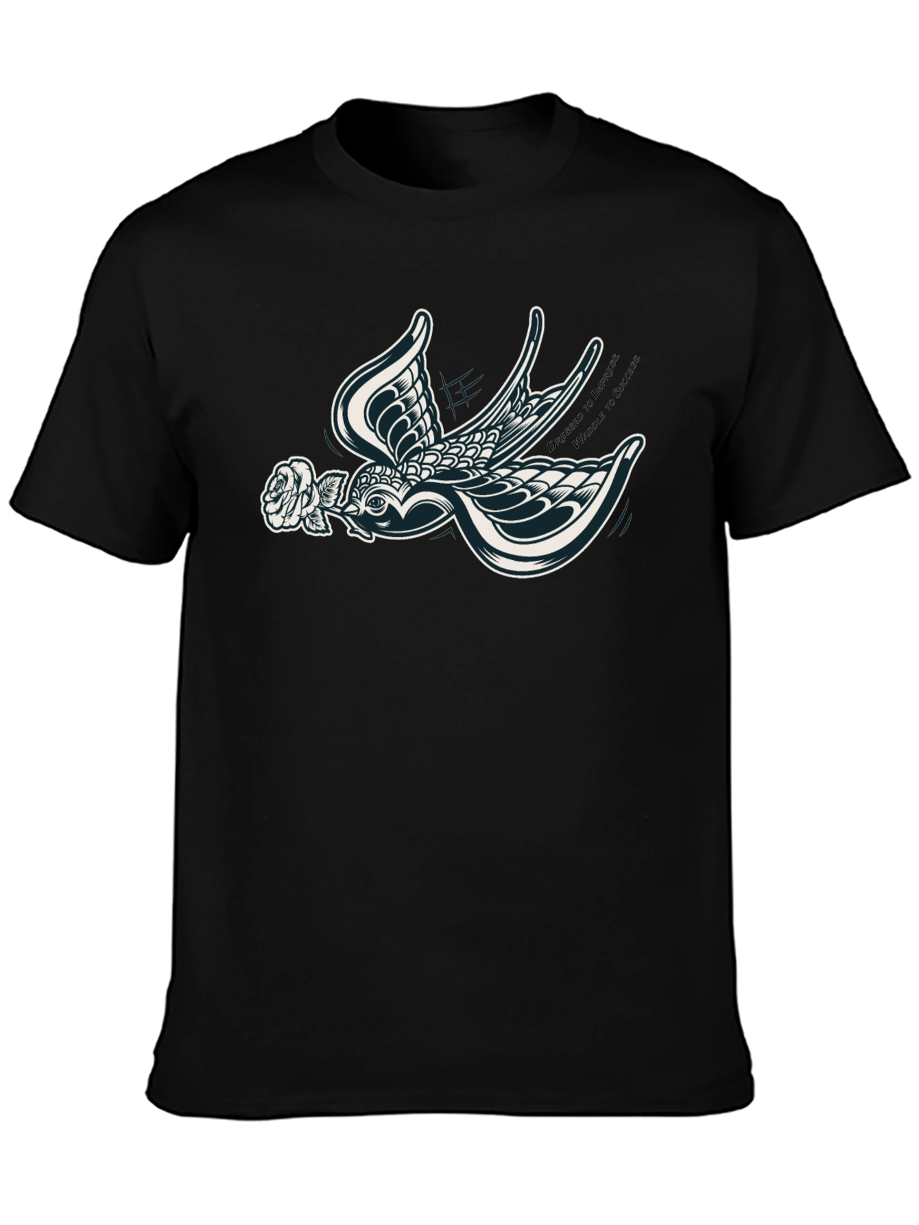 Stylish Black T-Shirt with Swallow and Rose Design