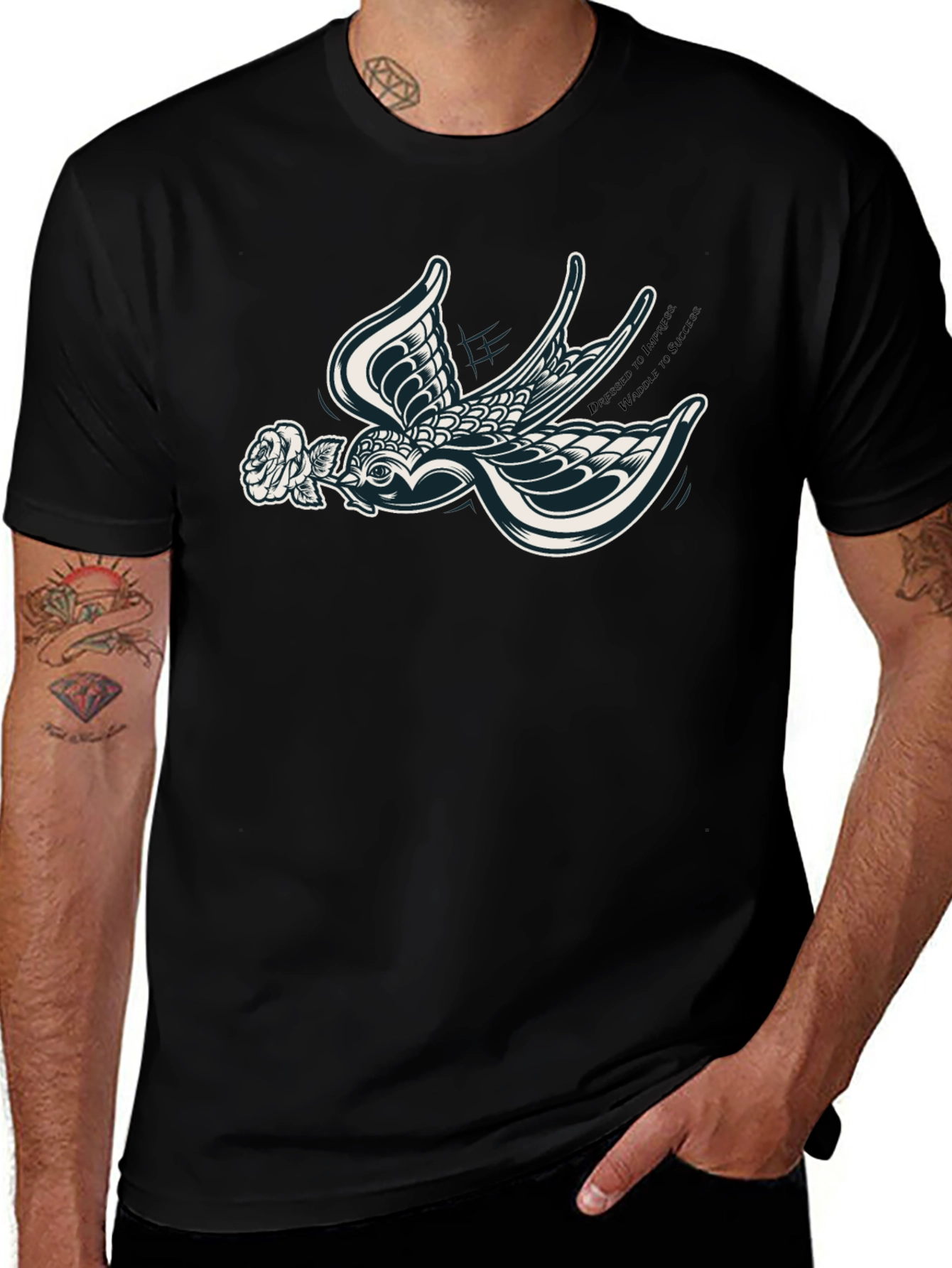 Stylish Black T-Shirt with Swallow and Rose Design