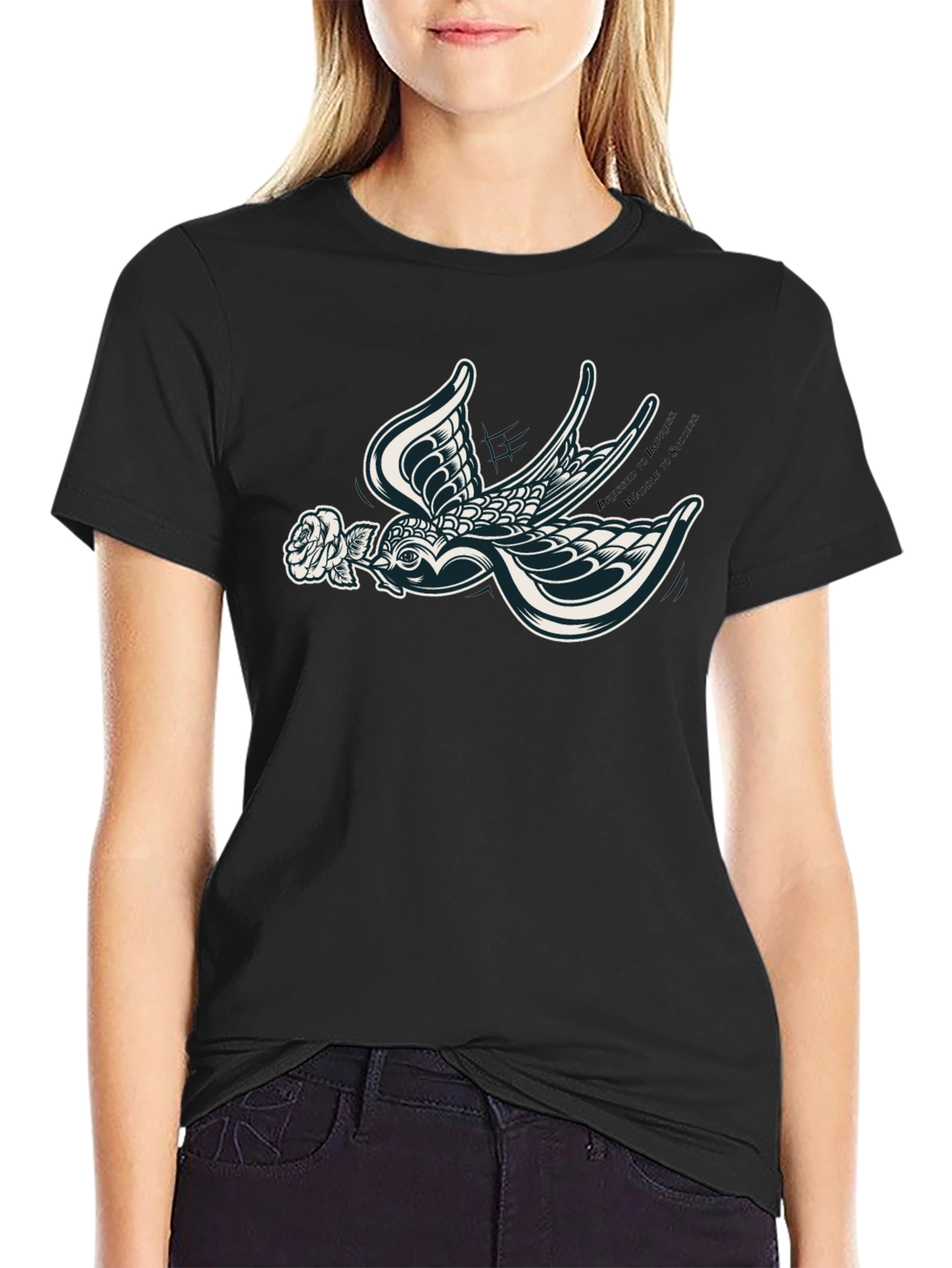 Stylish Black T-Shirt with Swallow and Rose Design