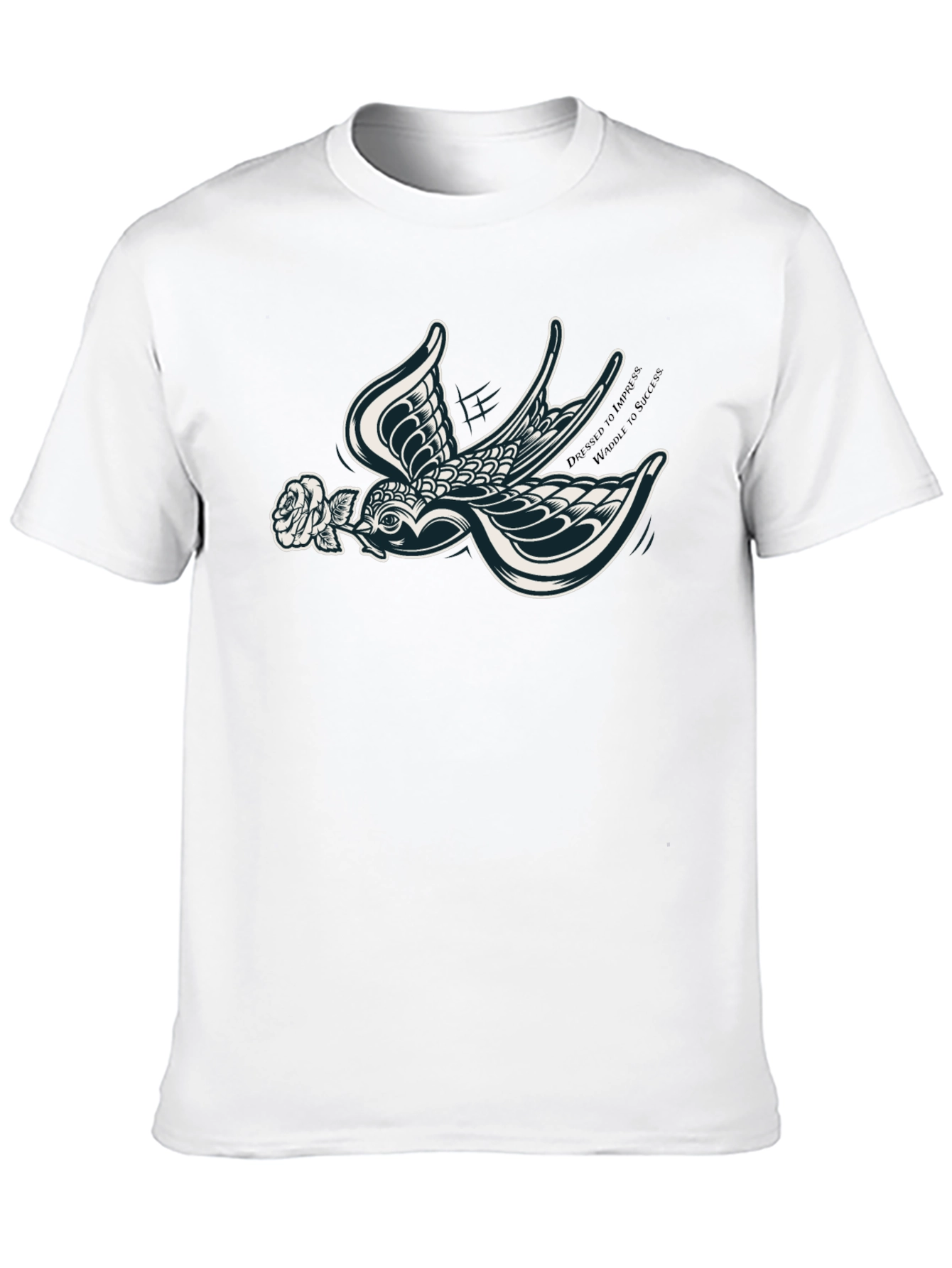 Stylish Black T-Shirt with Swallow and Rose Design