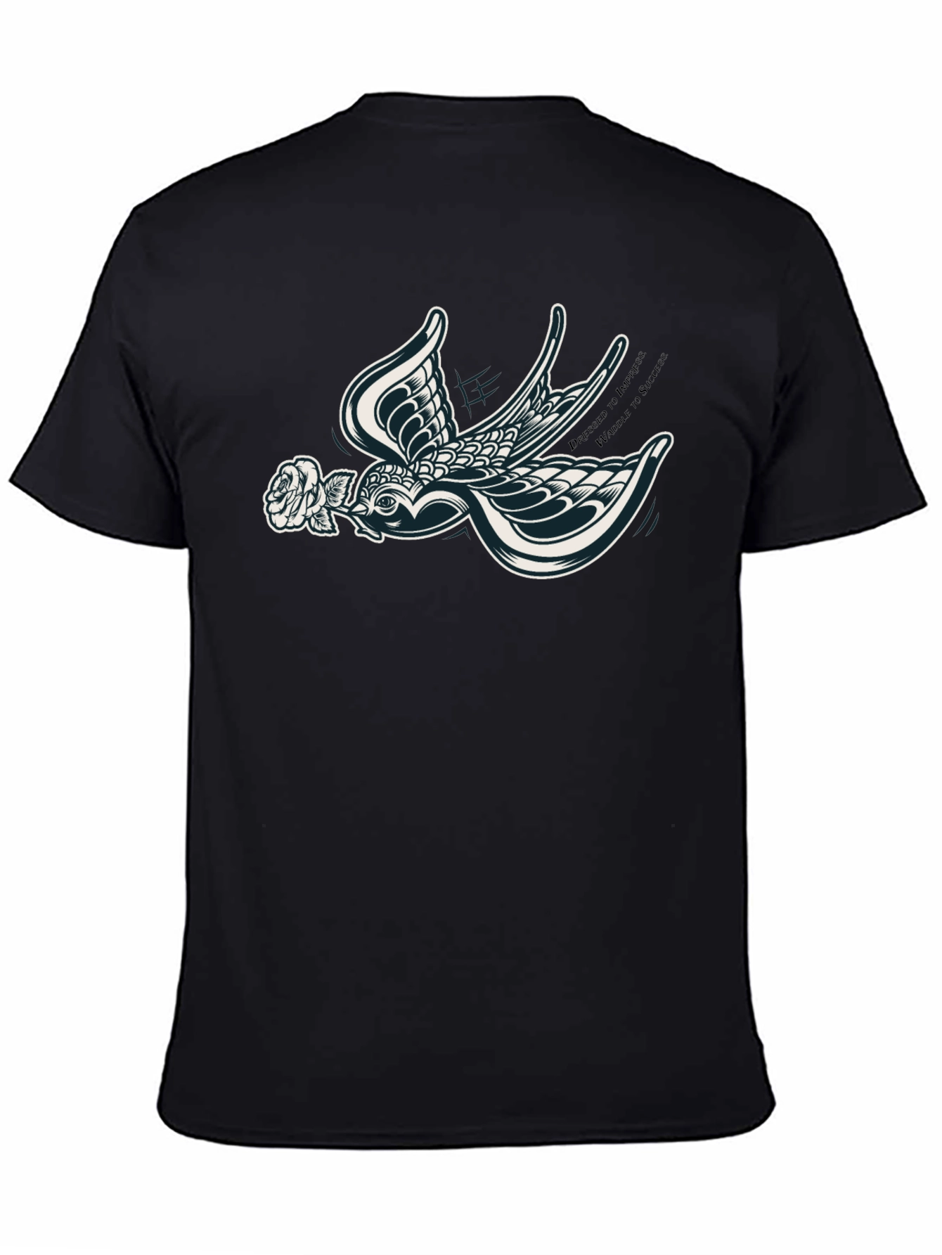 Stylish Black T-Shirt with Swallow and Rose Design