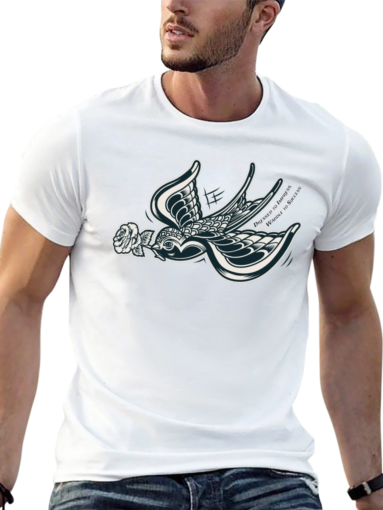 Stylish Black T-Shirt with Swallow and Rose Design