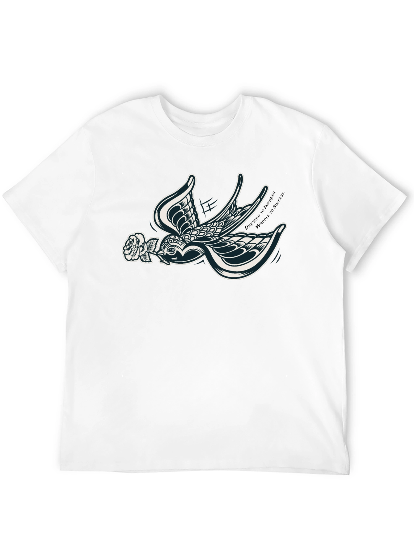 Stylish Black T-Shirt with Swallow and Rose Design