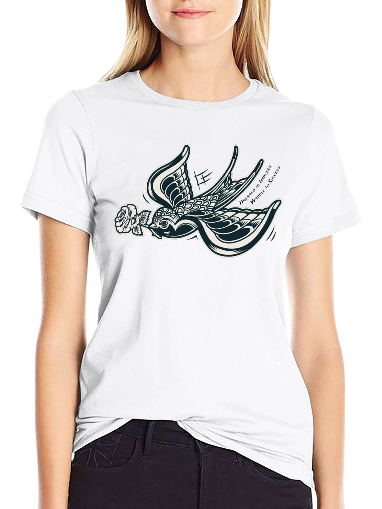 Stylish Black T-Shirt with Swallow and Rose Design
