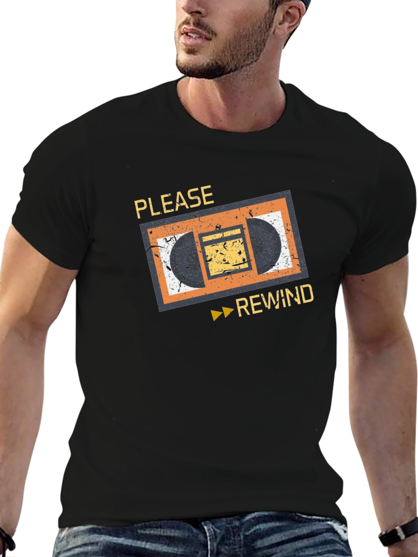 Retro VHS Rewind Graphic Tee - Black Cotton T-Shirt