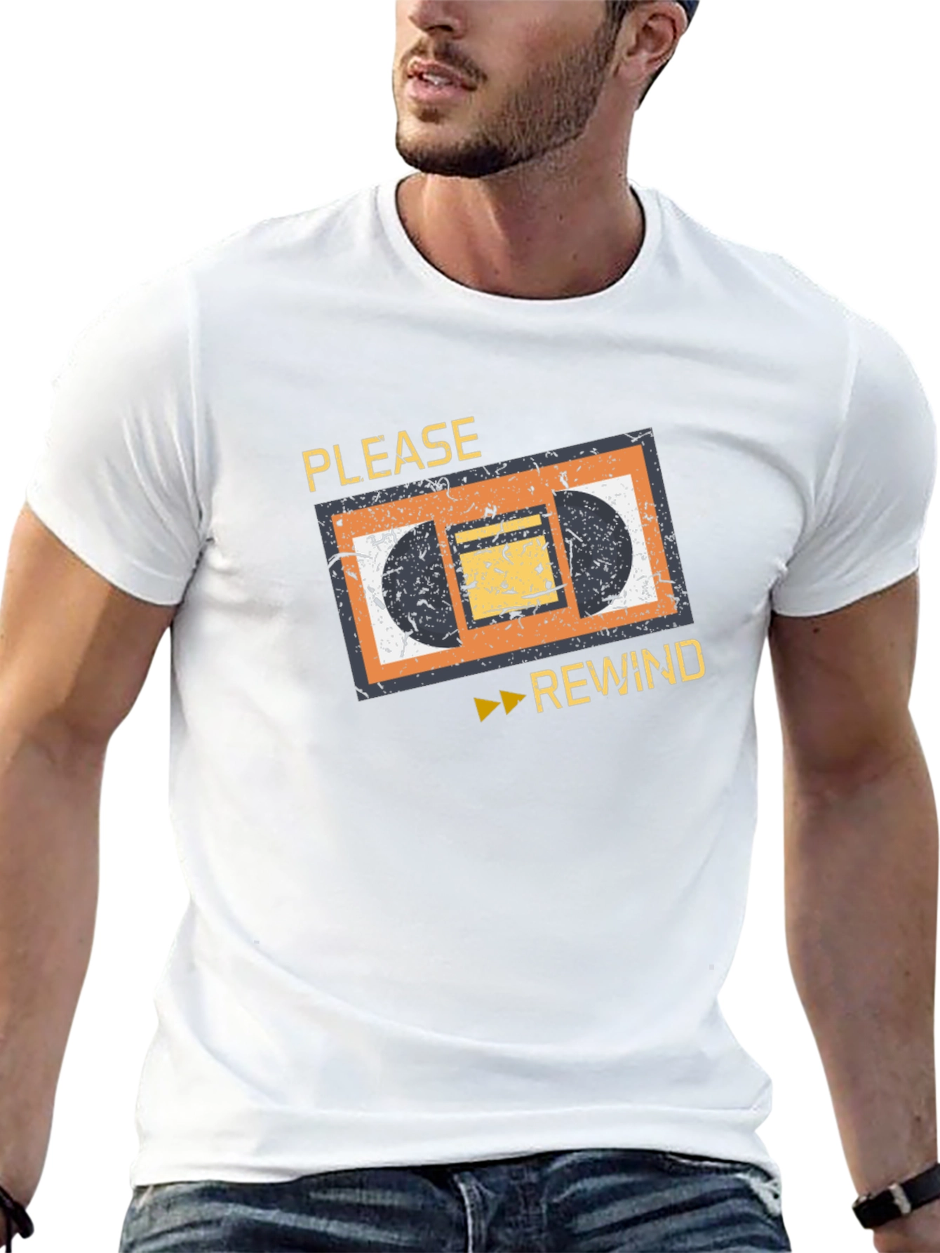 Retro VHS Rewind Graphic Tee - Black Cotton T-Shirt