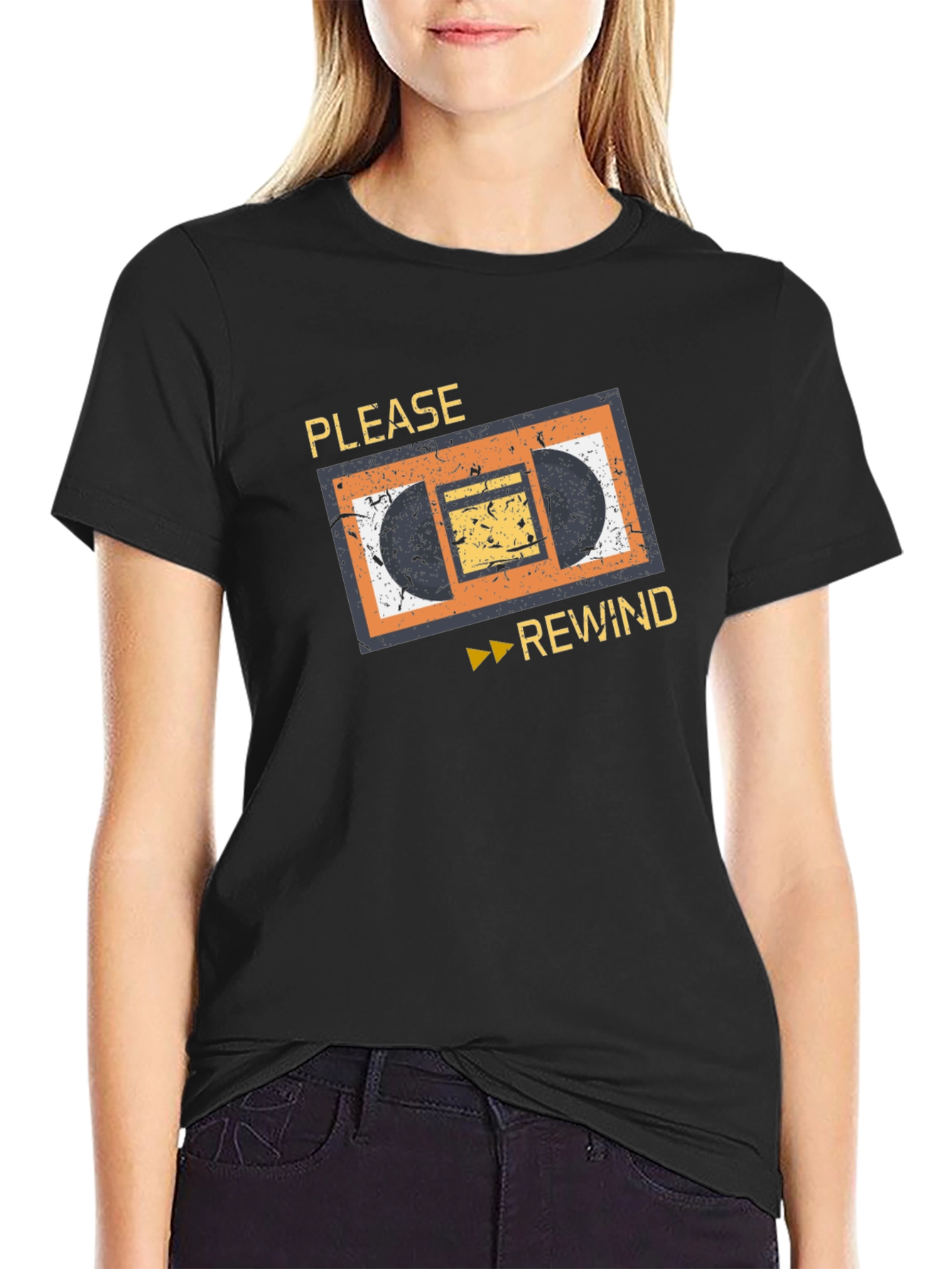 Retro VHS Rewind Graphic Tee - Black Cotton T-Shirt