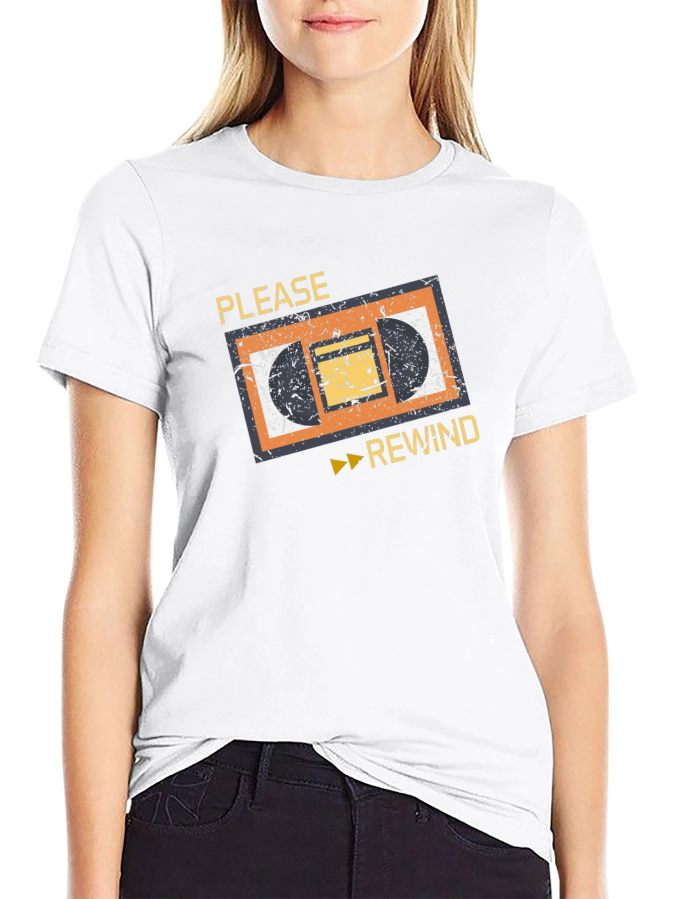 Retro VHS Rewind Graphic Tee - Black Cotton T-Shirt