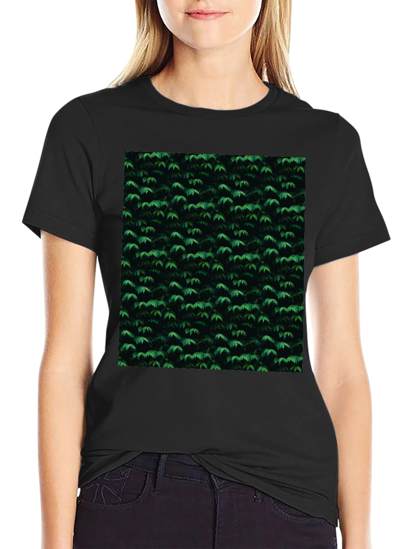 Stylish Black Tee with Green Leaf Pattern