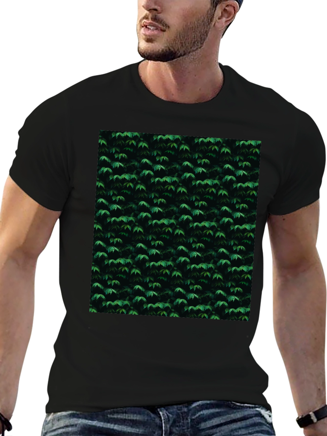 Stylish Black Tee with Green Leaf Pattern