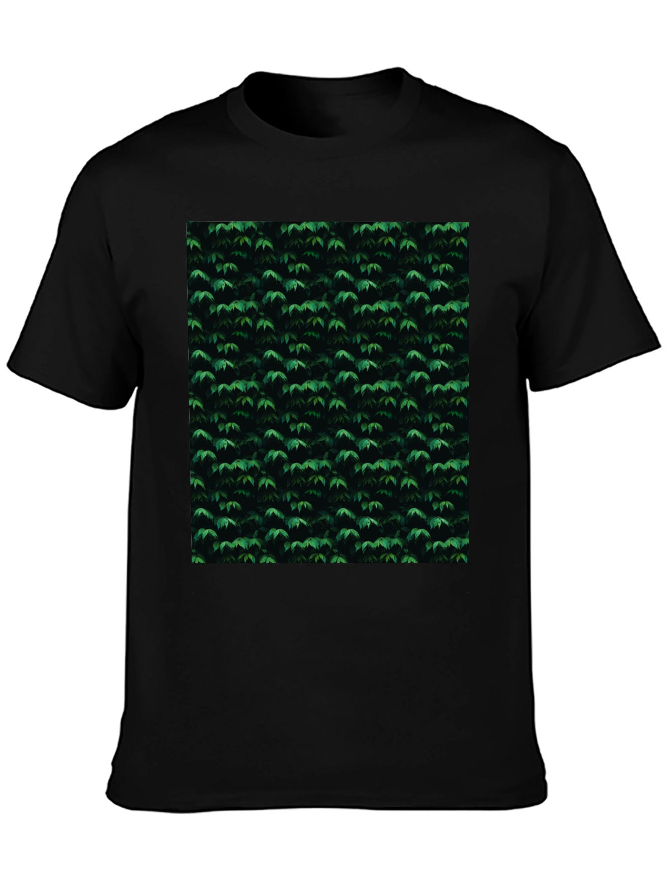 Stylish Black Tee with Green Leaf Pattern