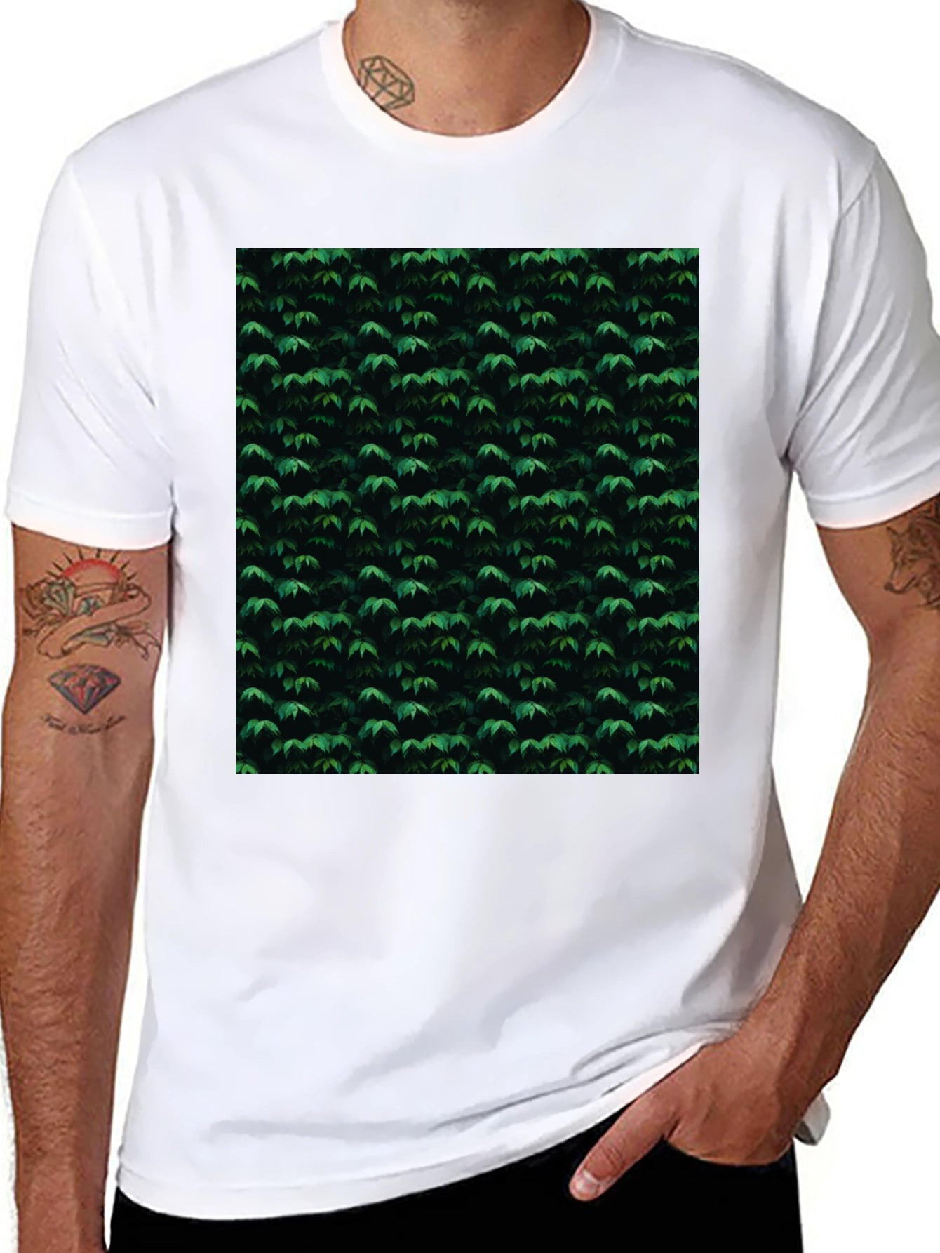 Stylish Black Tee with Green Leaf Pattern