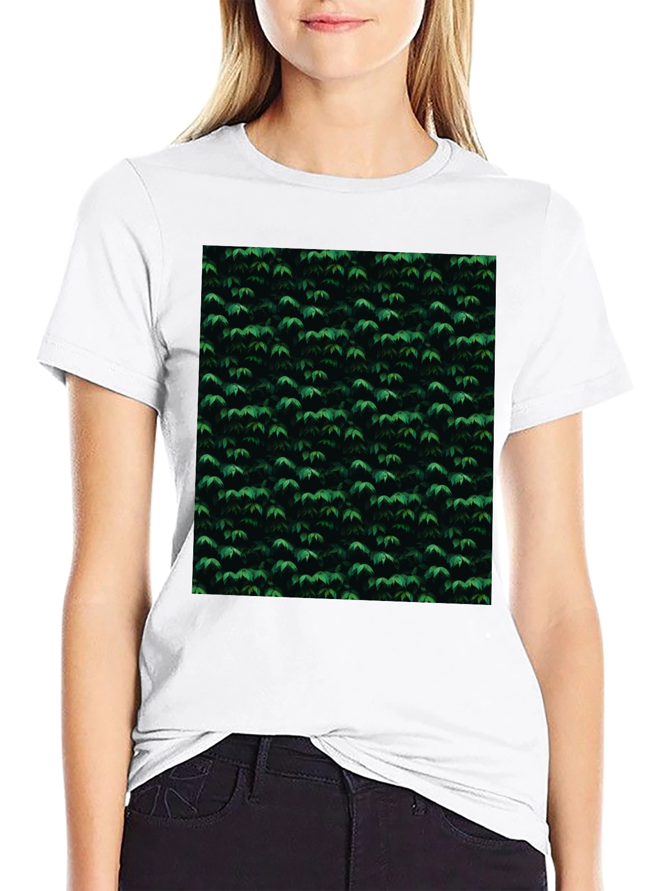 Stylish Black Tee with Green Leaf Pattern