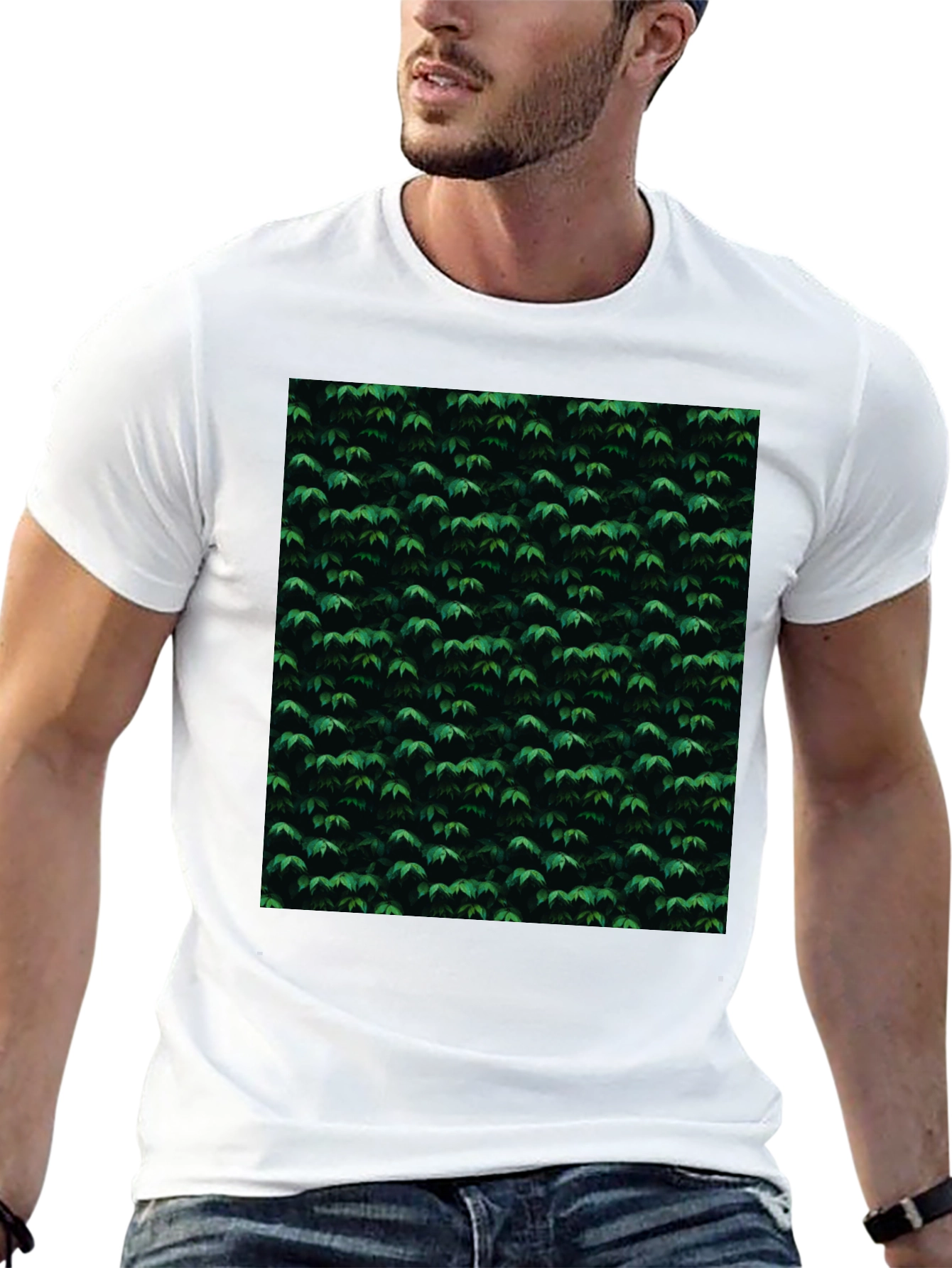 Stylish Black Tee with Green Leaf Pattern