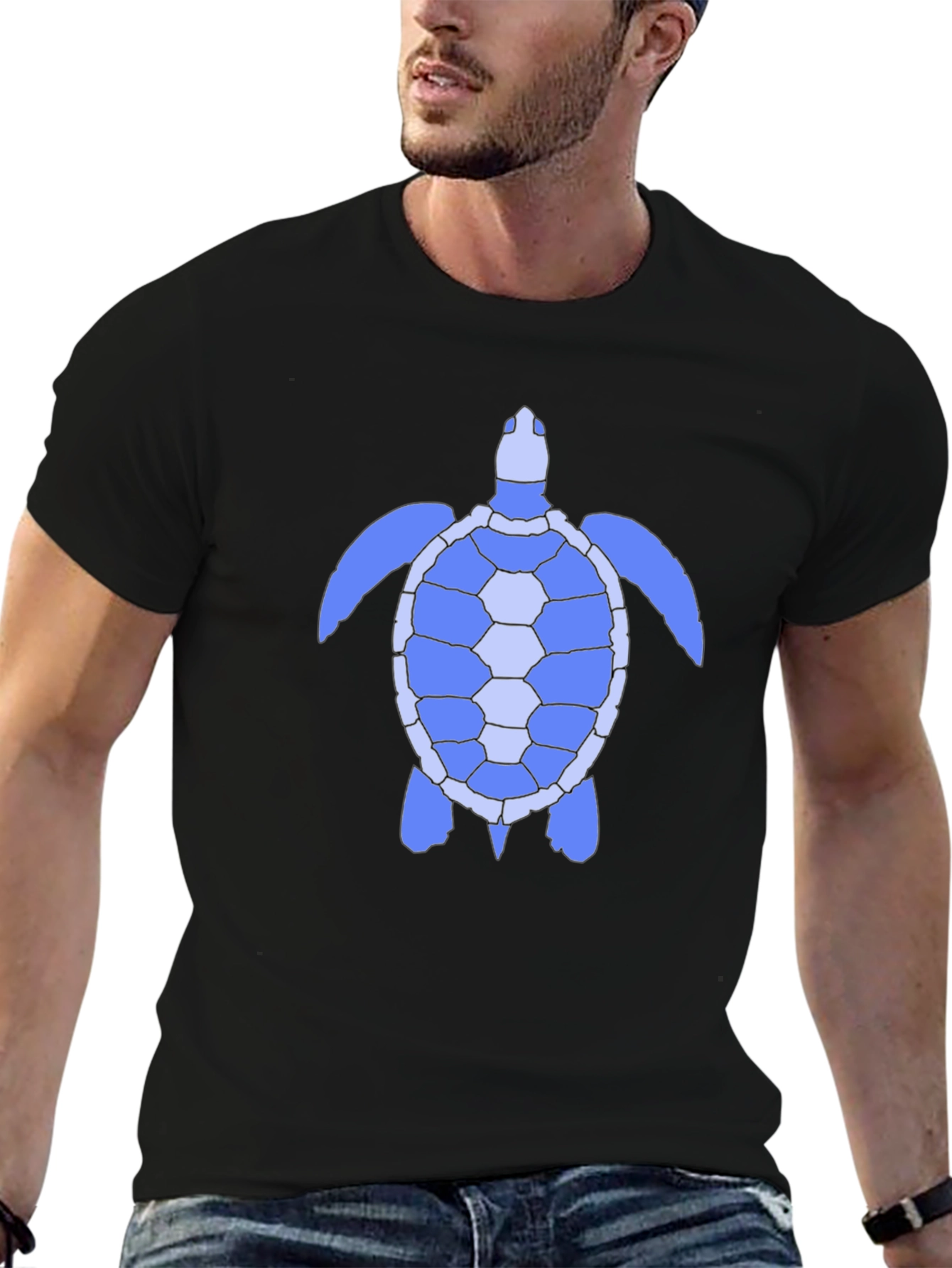 Blue Sea Turtle Graphic Tee - Black Cotton Shirt