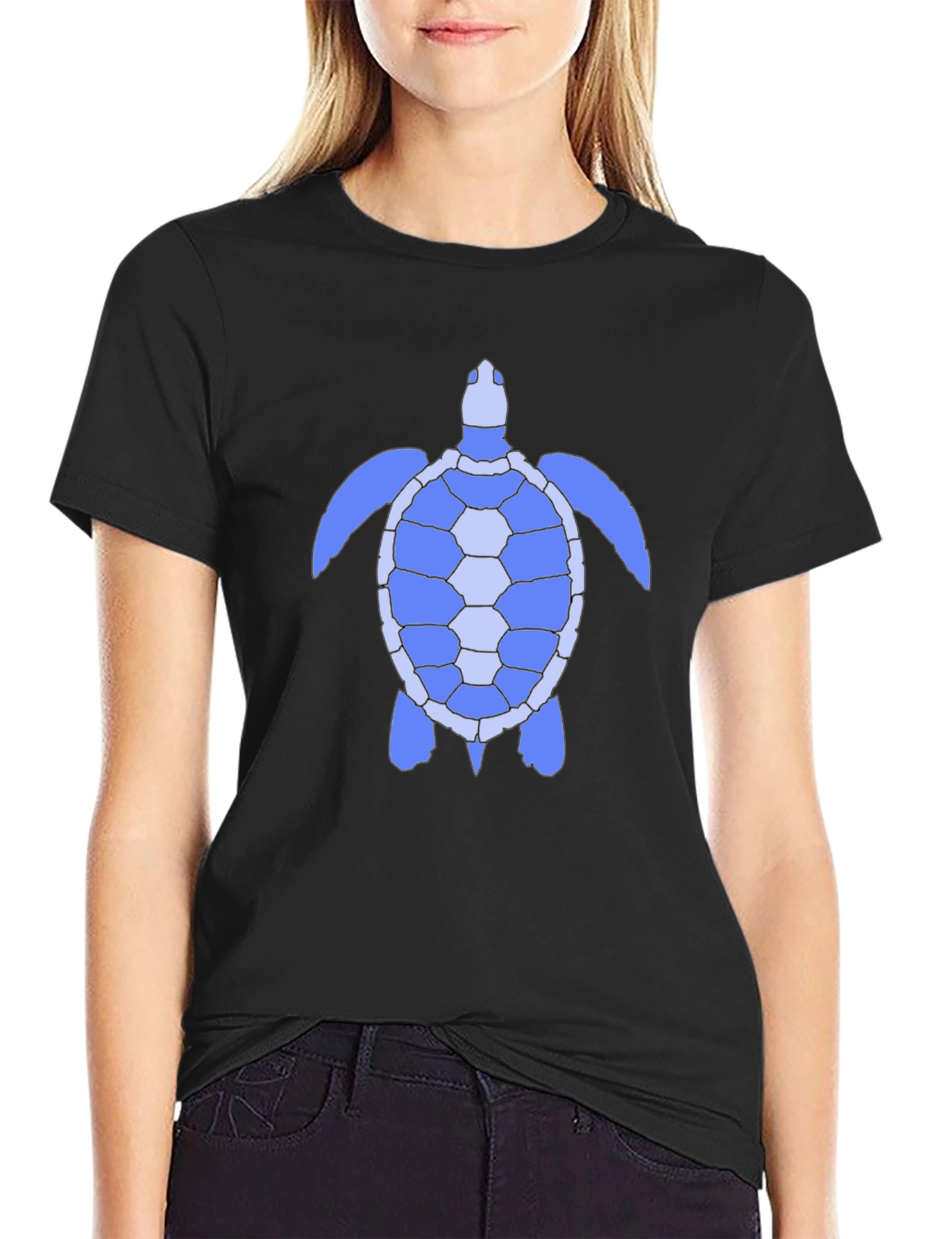 Blue Sea Turtle Graphic Tee - Black Cotton Shirt