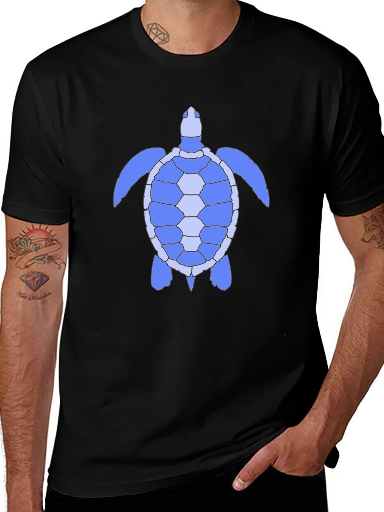 Blue Sea Turtle Graphic Tee - Black Cotton Shirt
