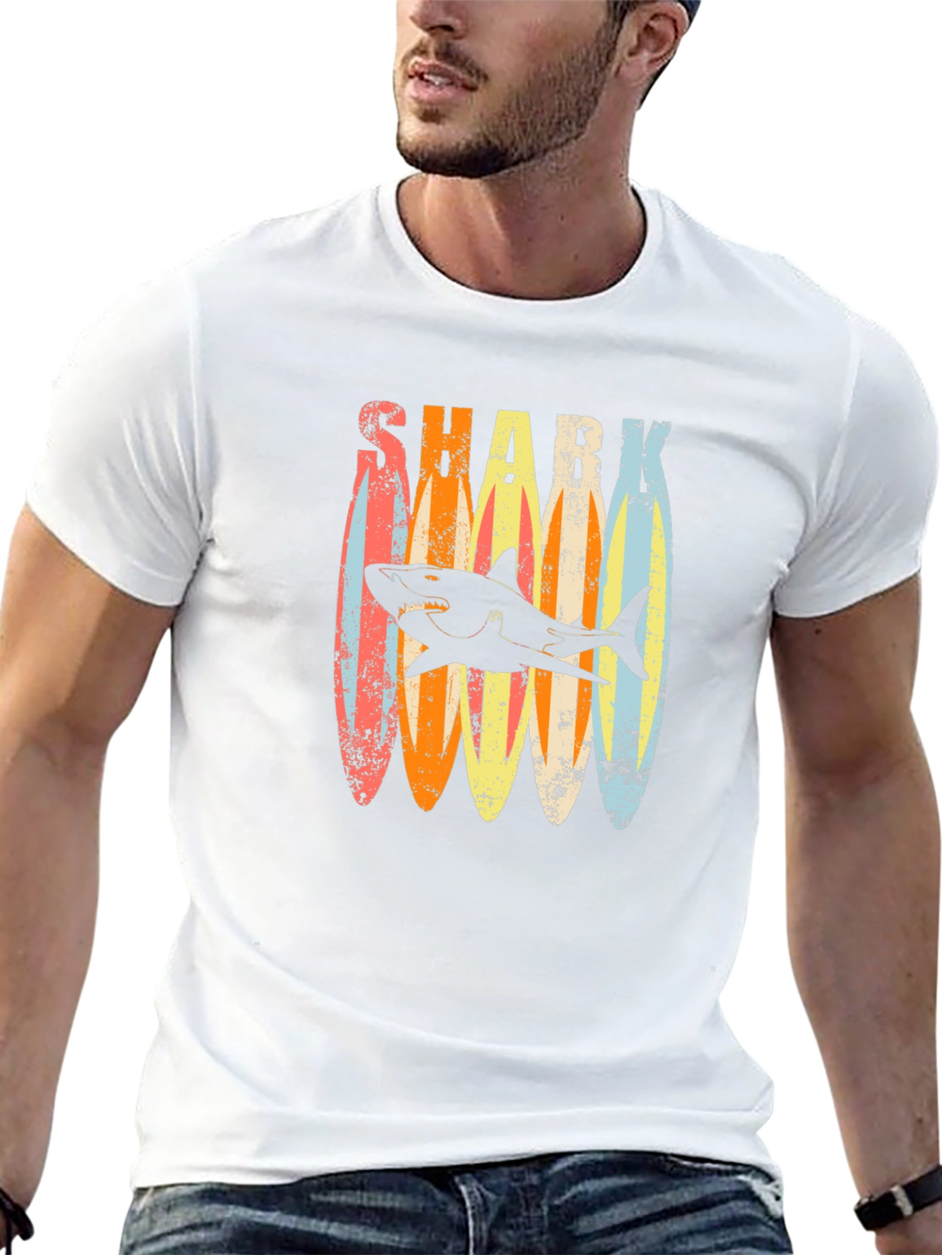 Retro Shark Surfboard T-Shirt - Casual Graphic Tee