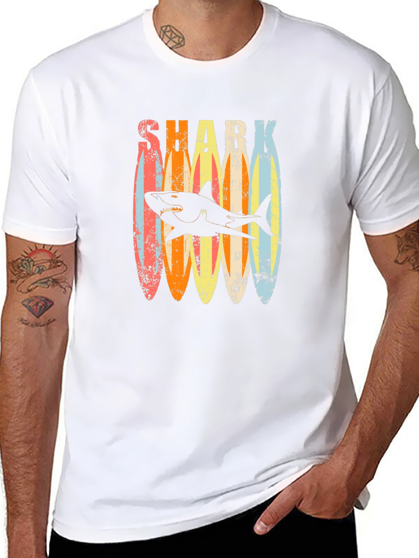 Retro Shark Surfboard T-Shirt - Casual Graphic Tee