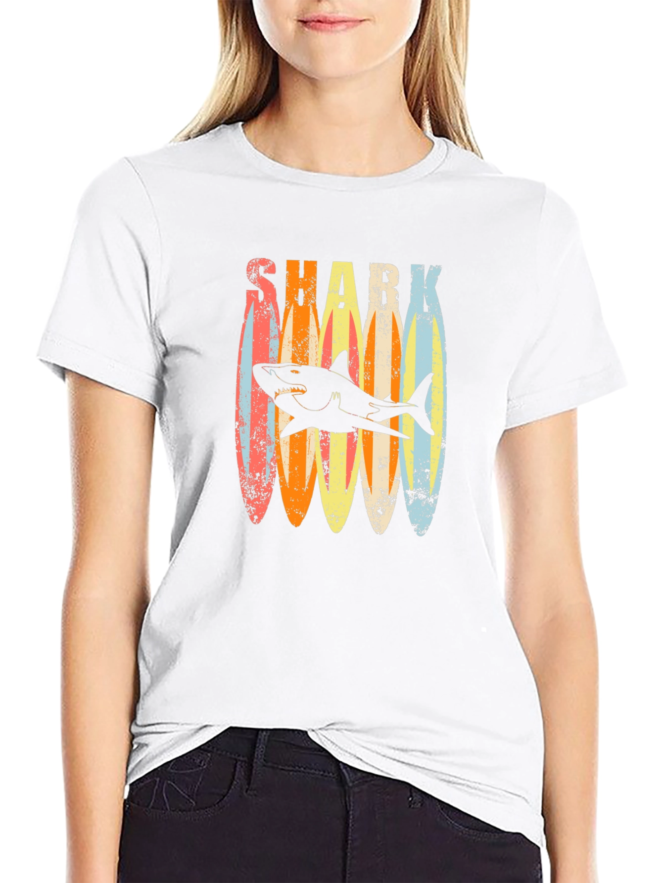 Retro Shark Surfboard T-Shirt - Casual Graphic Tee