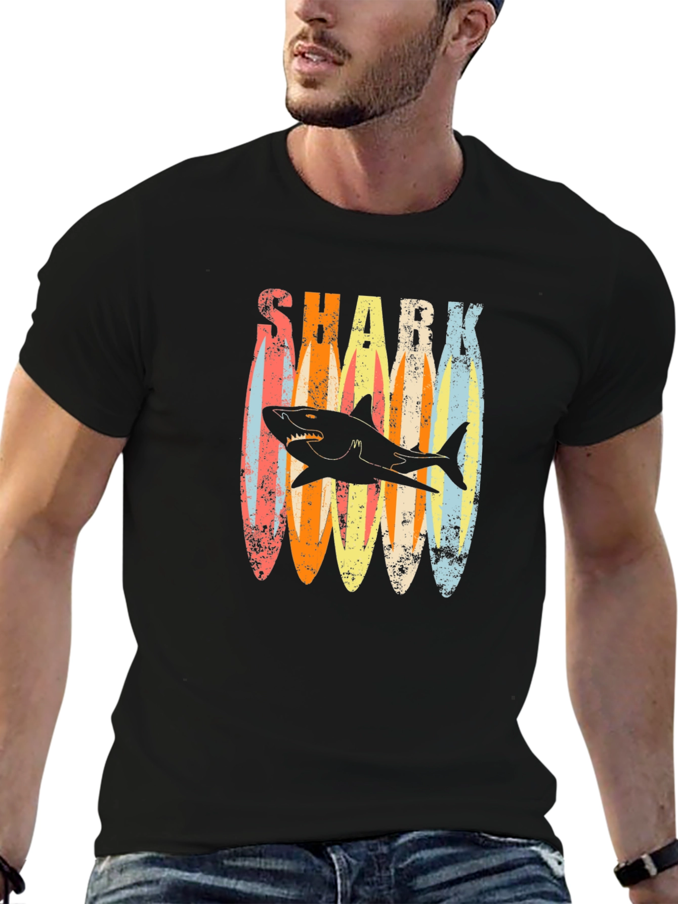 Retro Shark Surfboard T-Shirt - Casual Graphic Tee