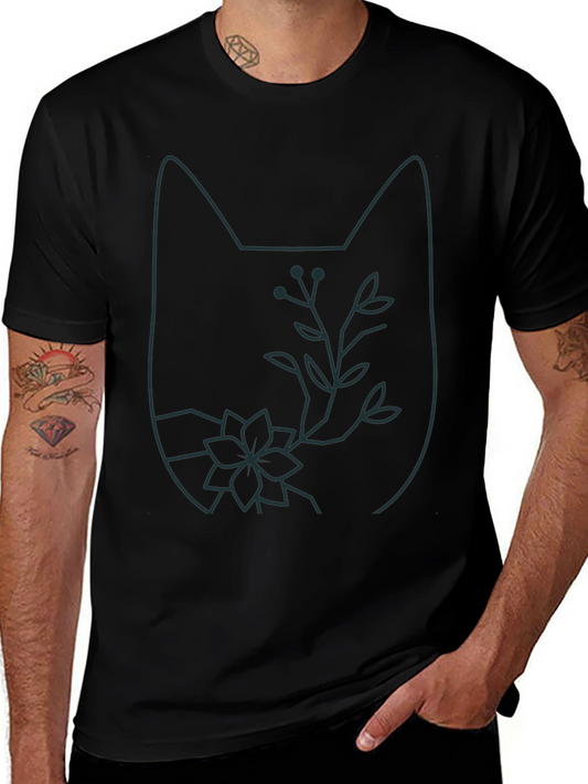 Cat Outline Floral T-Shirt - Unique Graphic Tee