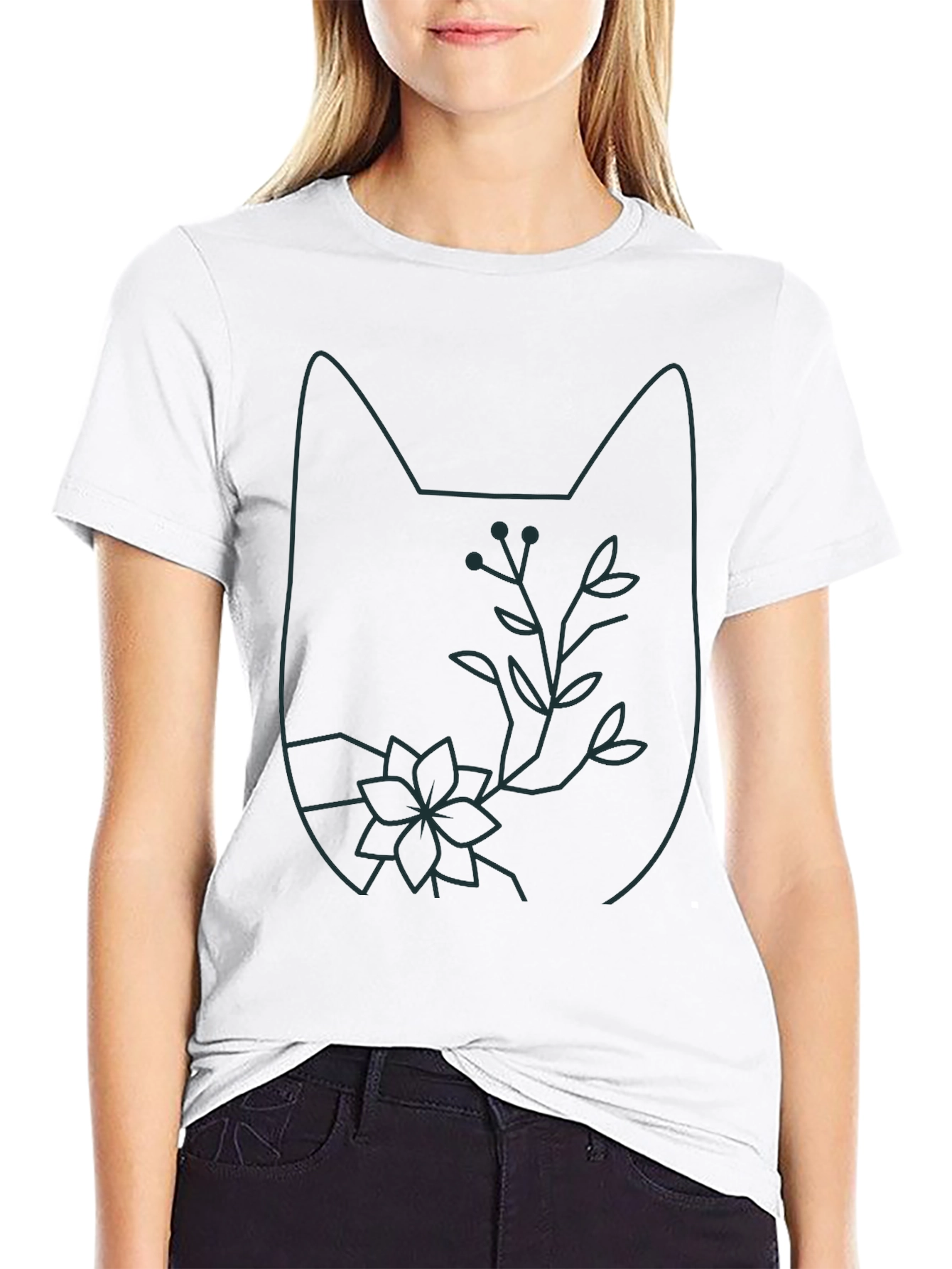 Cat Outline Floral T-Shirt - Unique Graphic Tee