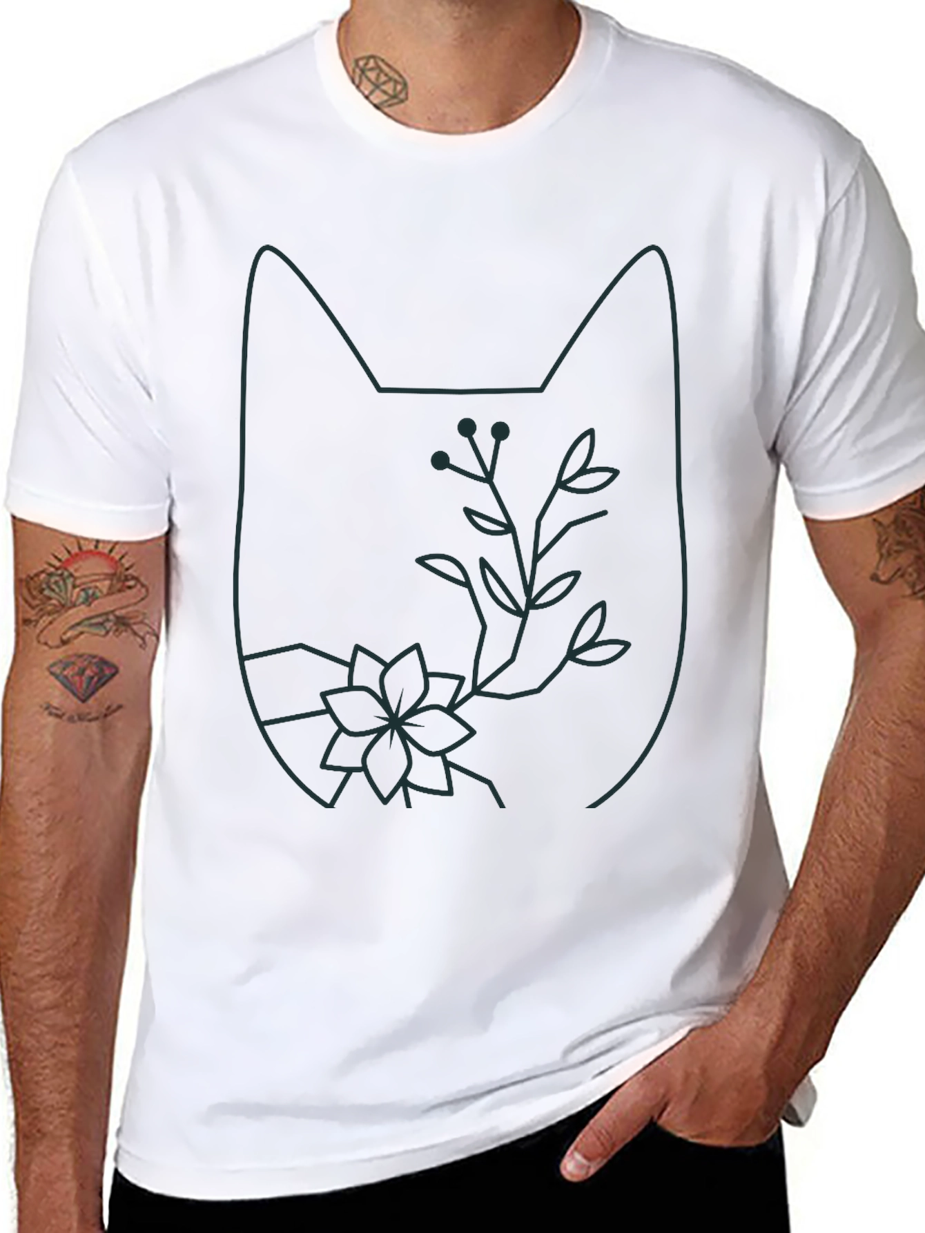 Cat Outline Floral T-Shirt - Unique Graphic Tee
