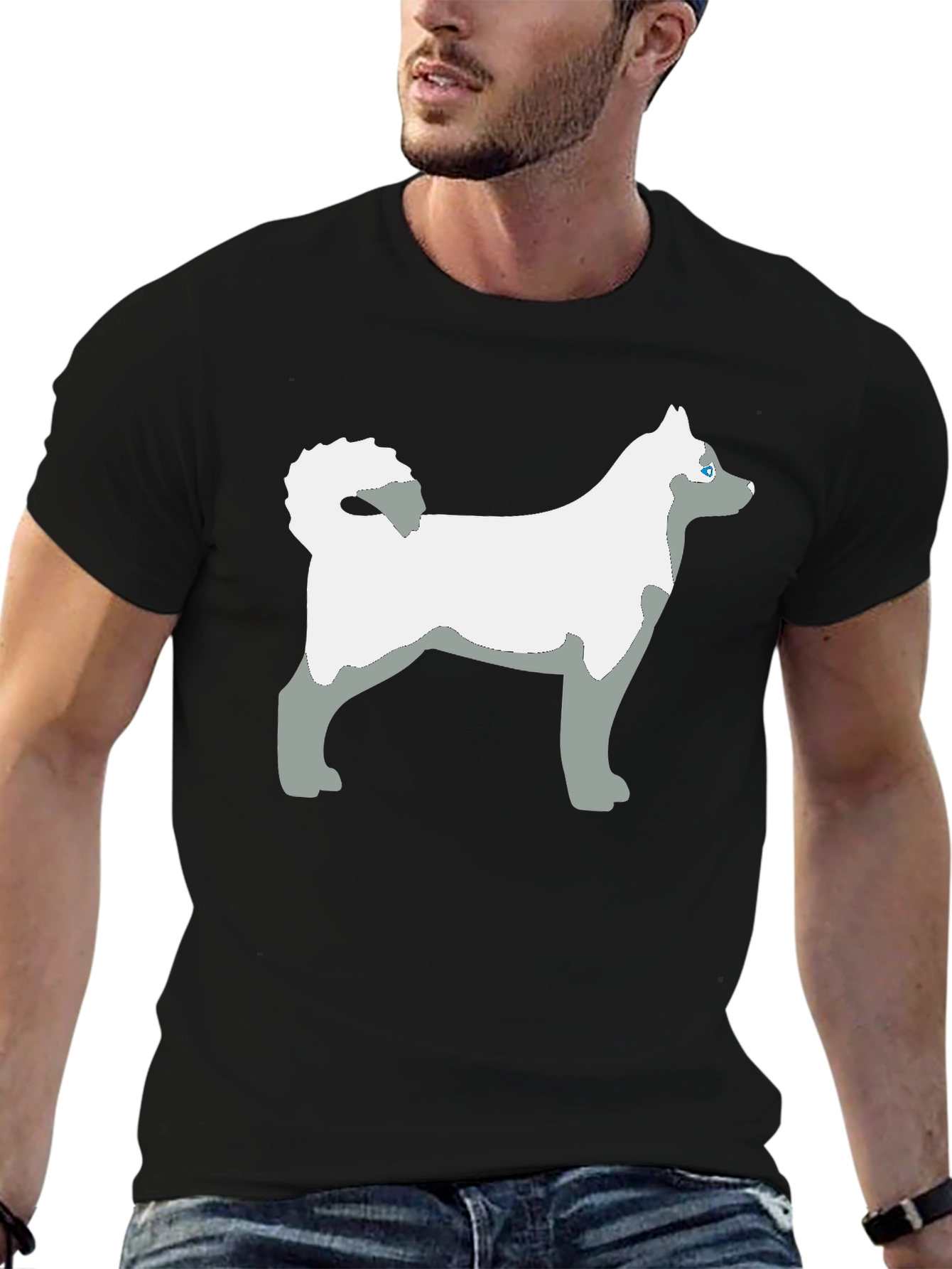 Husky Dog Graphic Tee - Black Cotton Casual T-Shirt