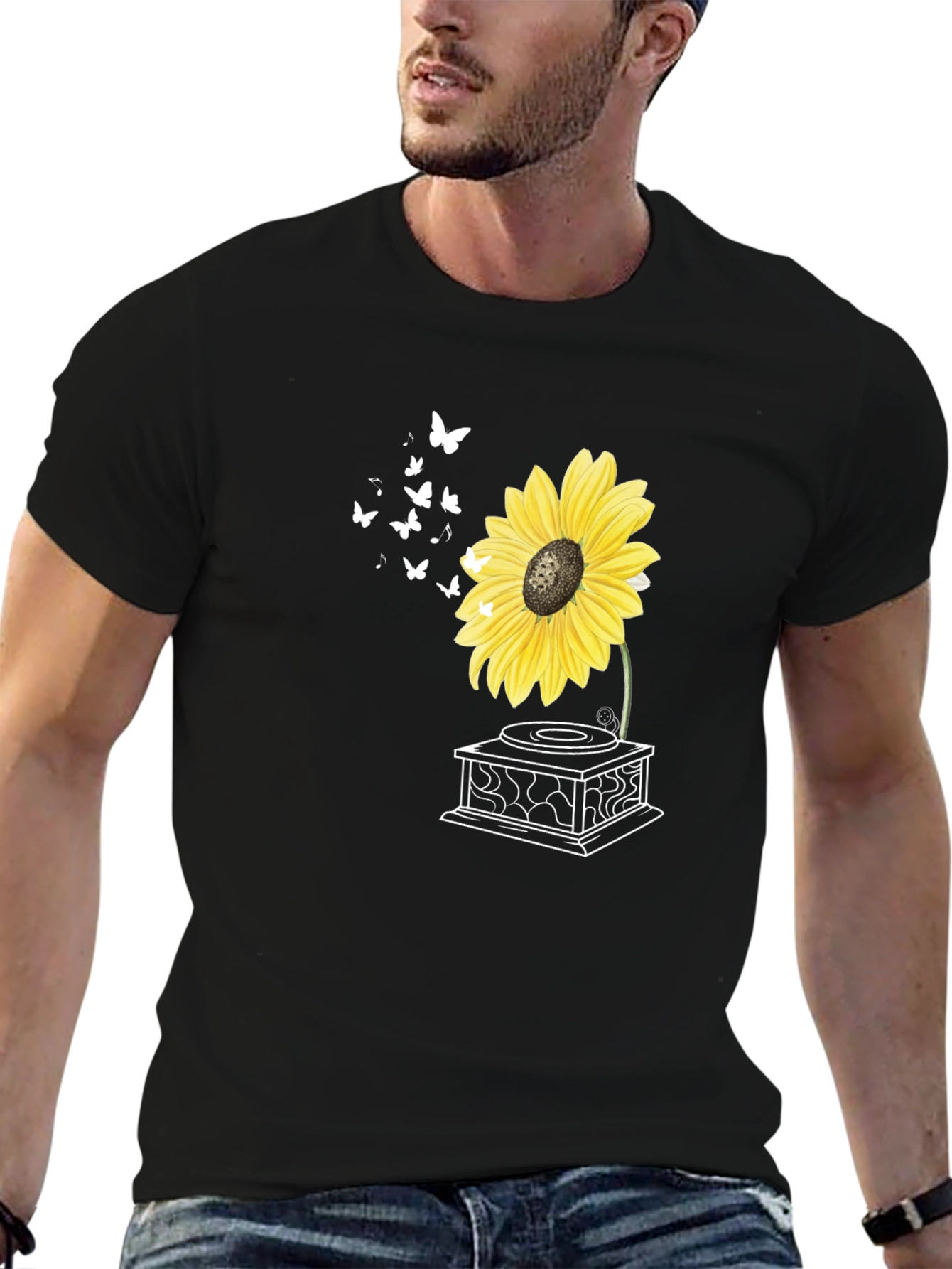 Sunflower Gramophone T-Shirt - Unique Floral Design