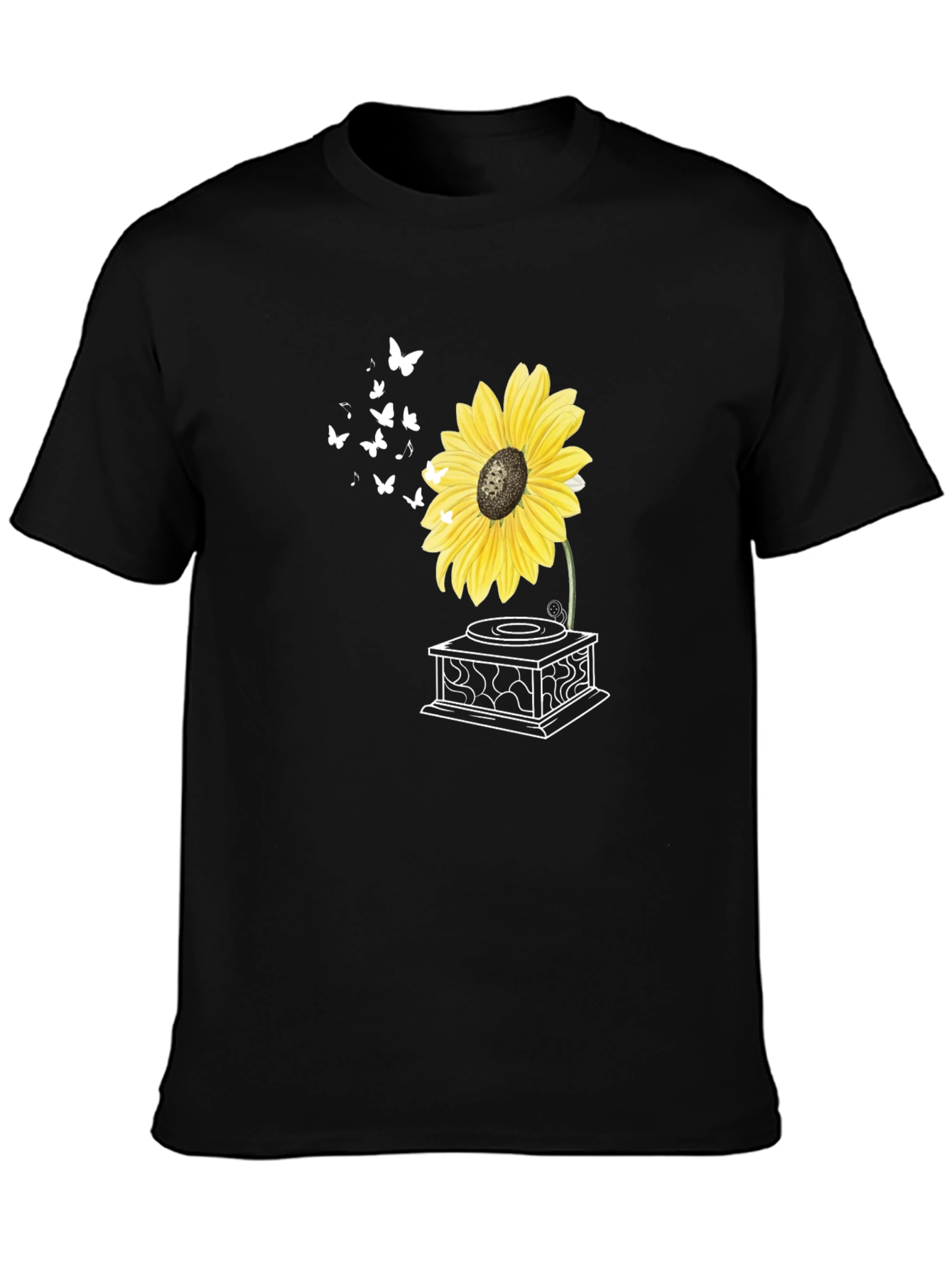 Sunflower Gramophone T-Shirt - Unique Floral Design