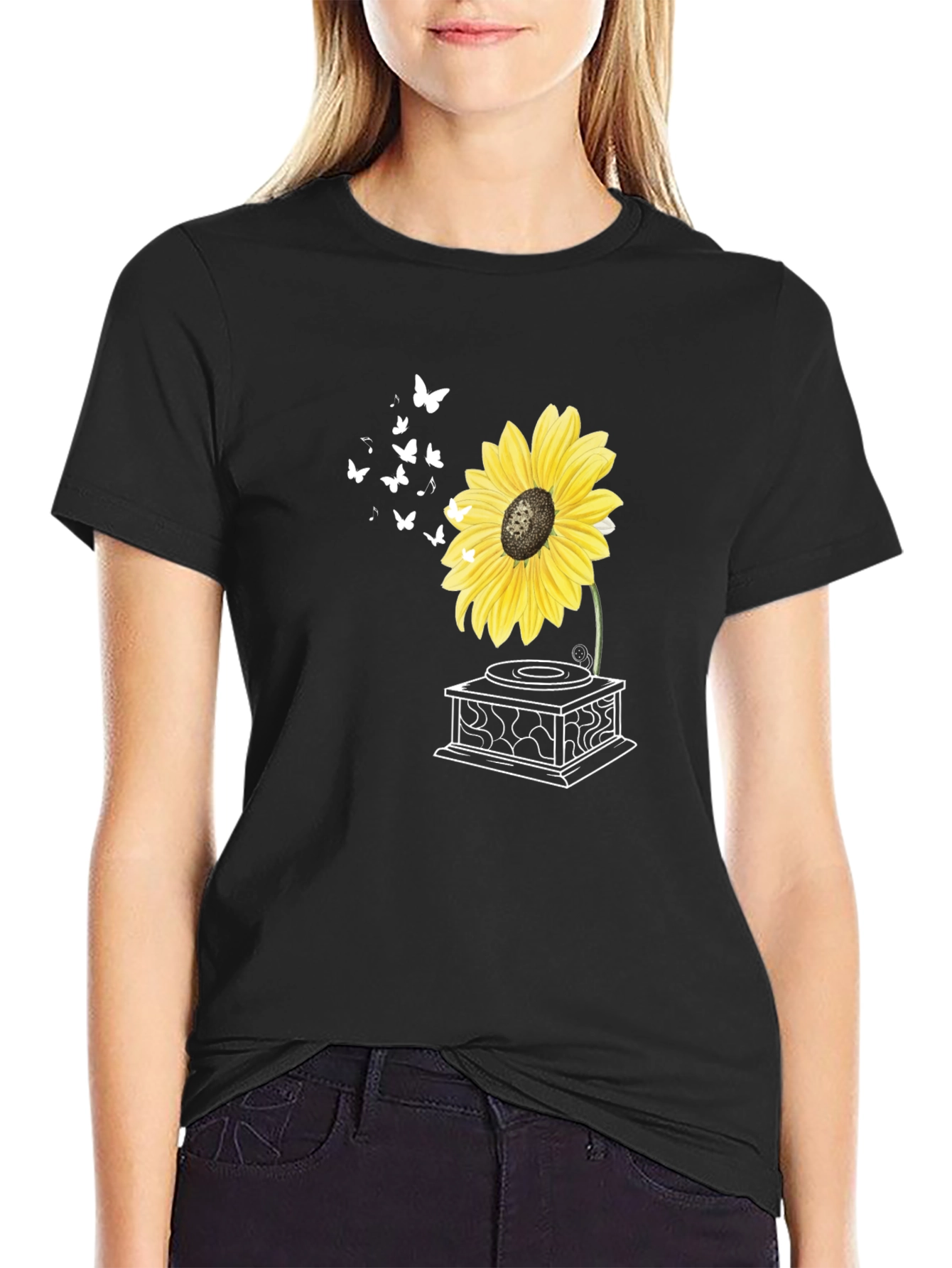 Sunflower Gramophone T-Shirt - Unique Floral Design