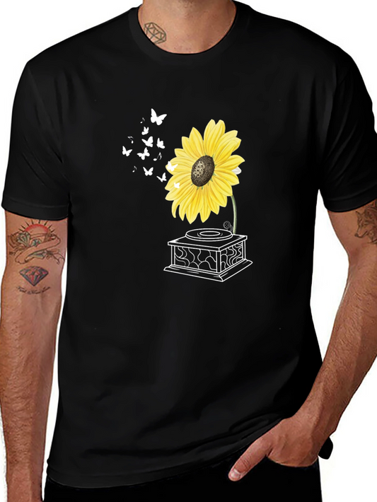 Sunflower Gramophone T-Shirt - Unique Floral Design