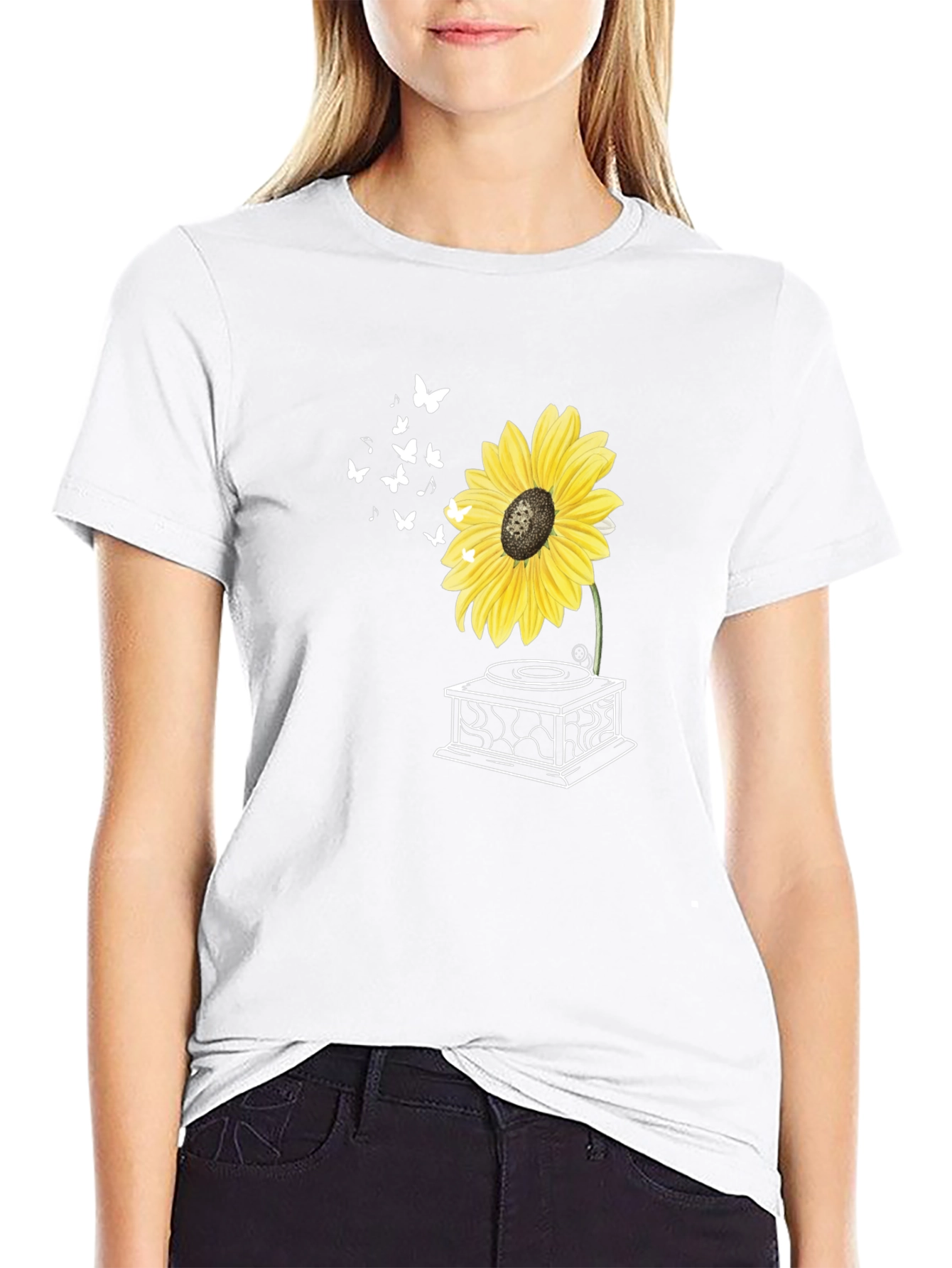 Sunflower Gramophone T-Shirt - Unique Floral Design